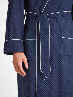 Men's Dressing Gown Cotton Batiste Navy Pin Dot Print