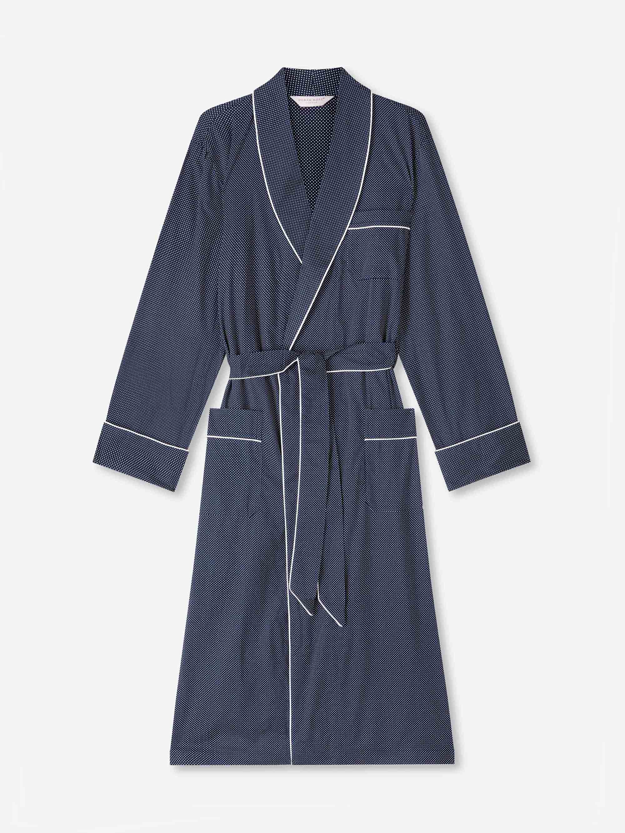 Derek Rose Men's Dressing Gown Cotton Batiste Navy Pin Dot Print Derek Rose Men's Dressing Gown Cotton Batiste Navy Pin Dot Print
