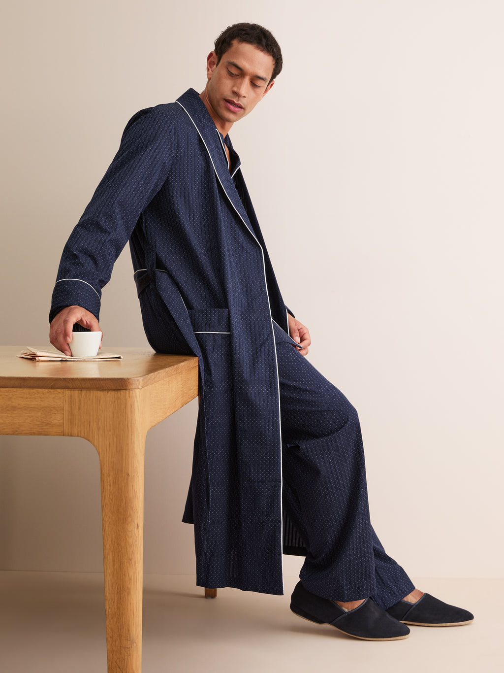 Royal Cotton Dressing Gown Navy Blue Pin Dot Stripe