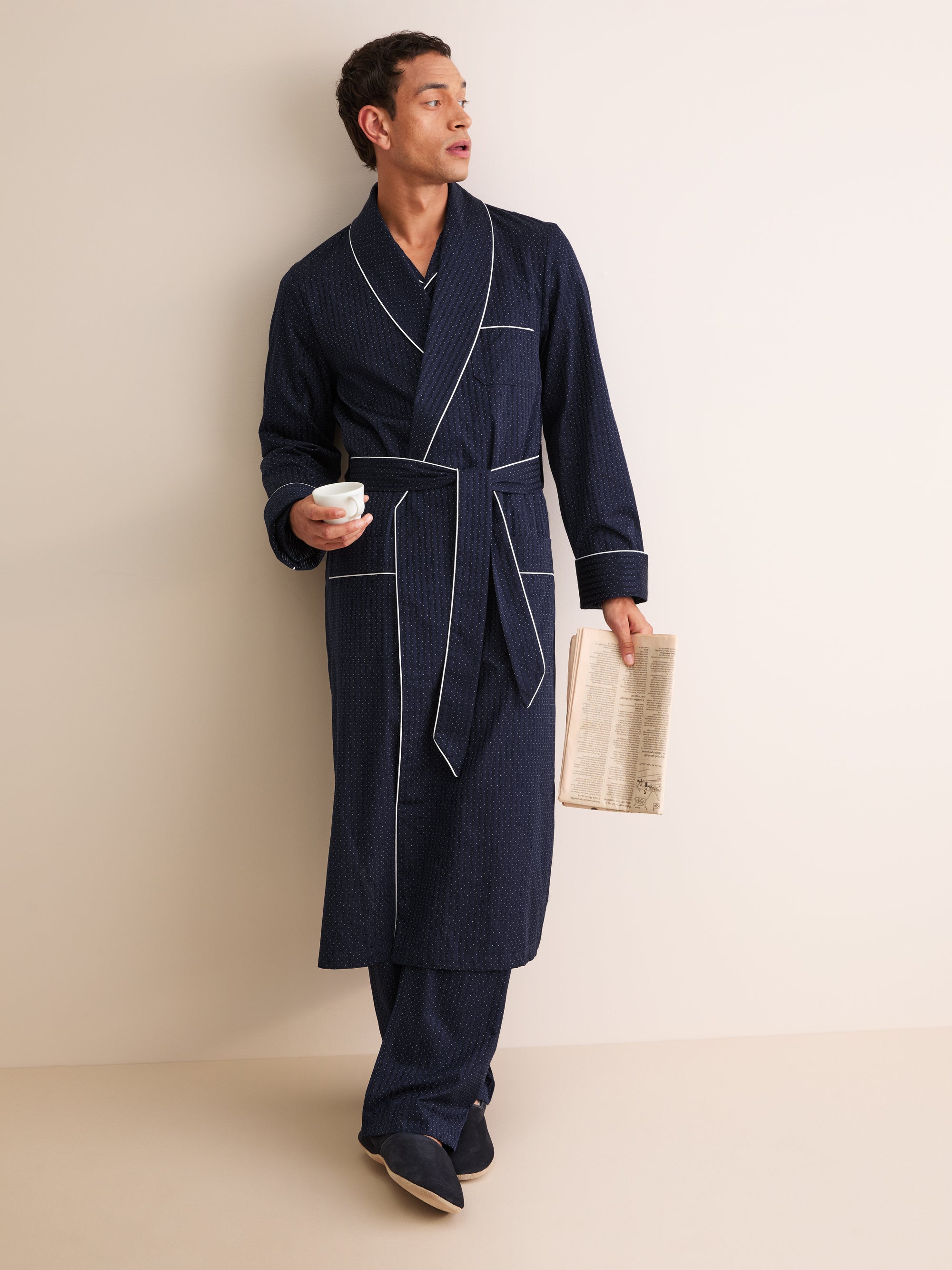 Men's Dressing Gown Royal Cotton Navy Polka Dot