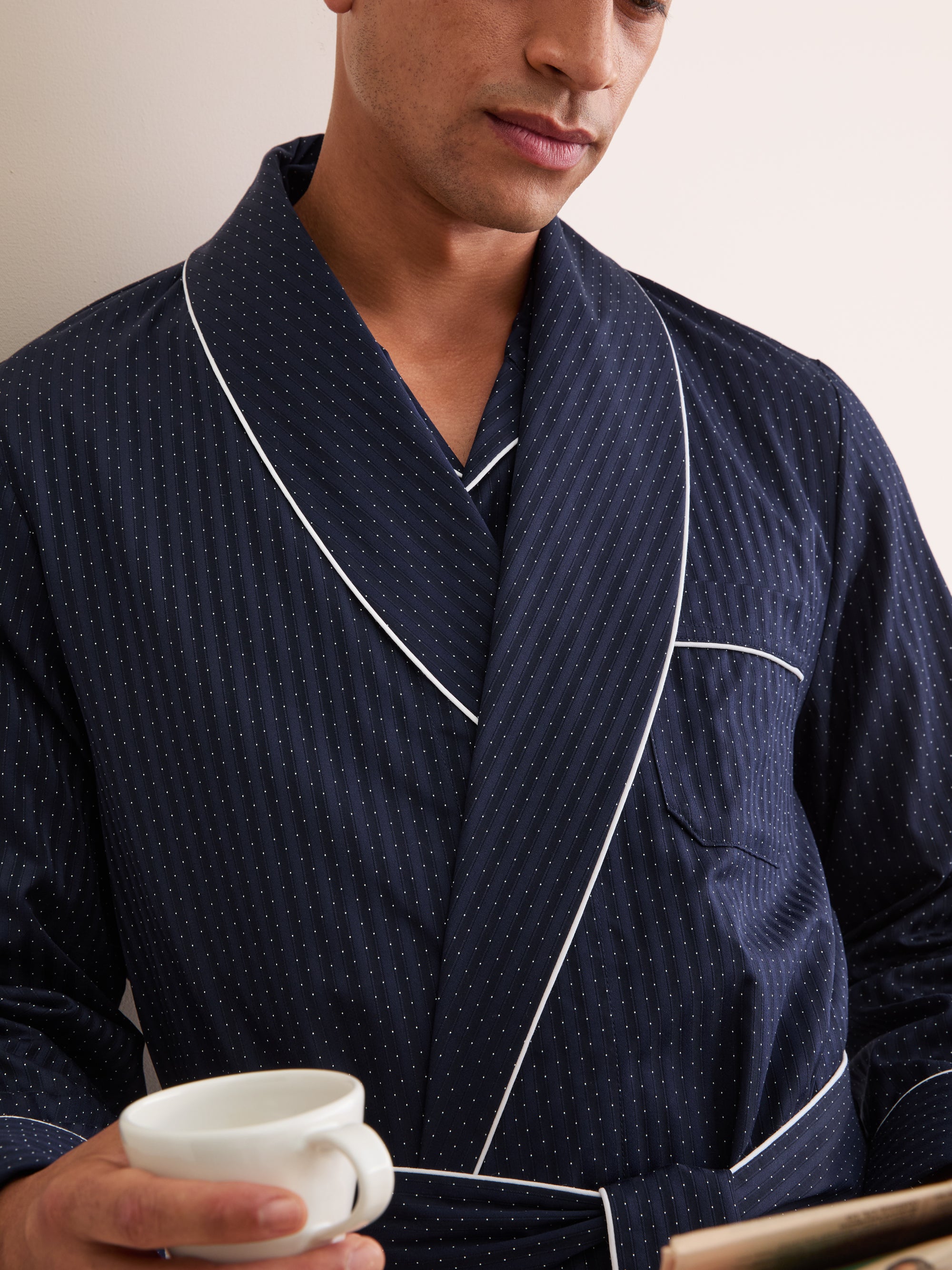 Men's Dressing Gown Royal Cotton Navy Polka Dot
