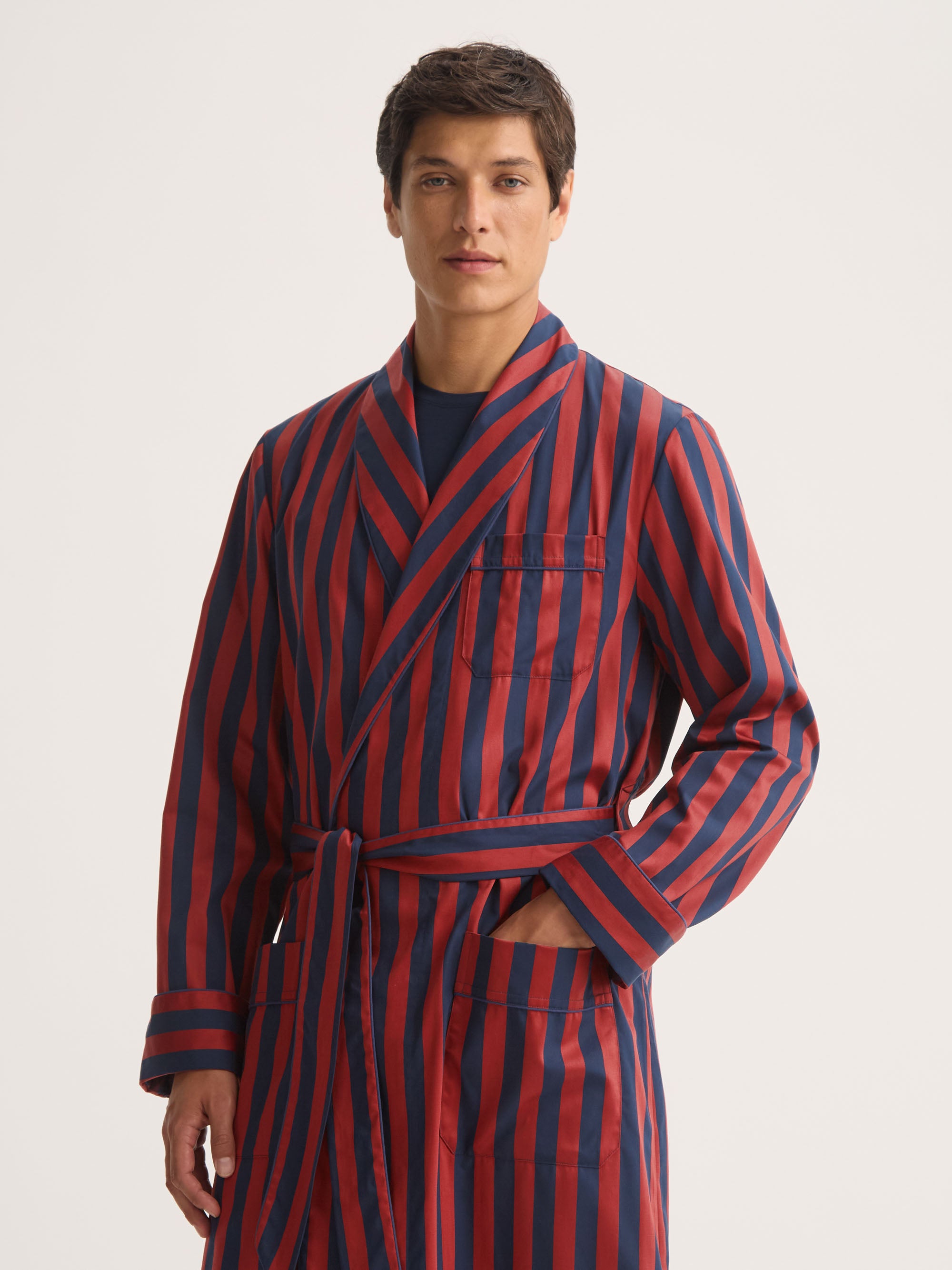 Men's Dressing Gown Royal Cotton Navy Blue & Red Stripe