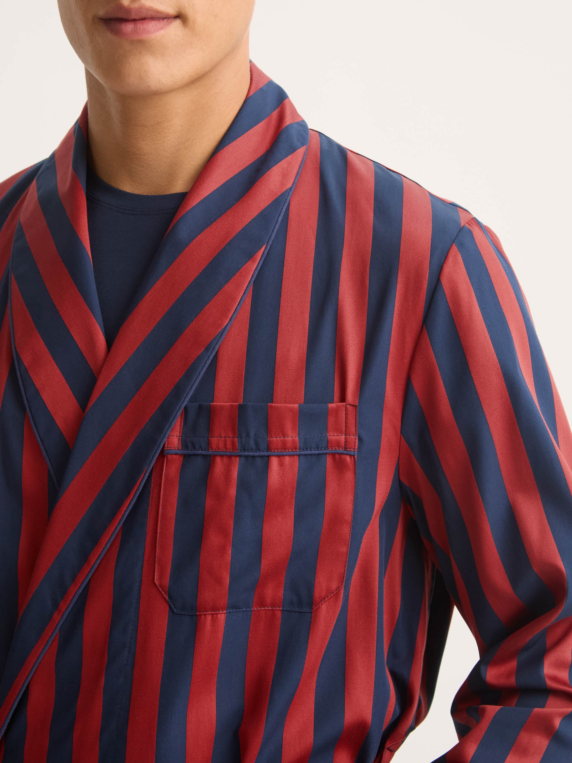 Men's Dressing Gown Royal Cotton Navy Blue & Red Stripe