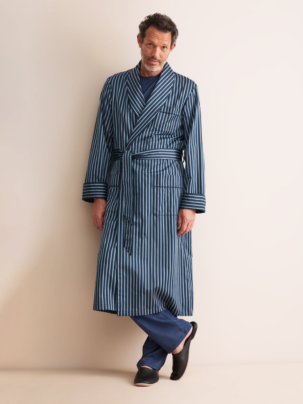 Wellington Cotton Dressing Gown Blue Stripe