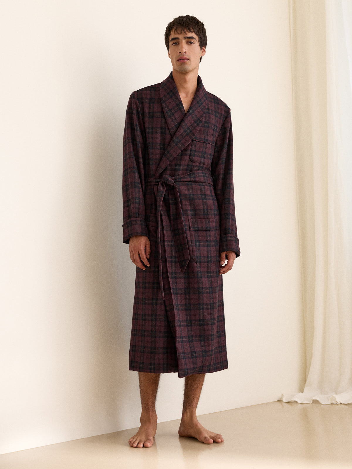 Duke Cashmere Dressing Gown Burgundy Check