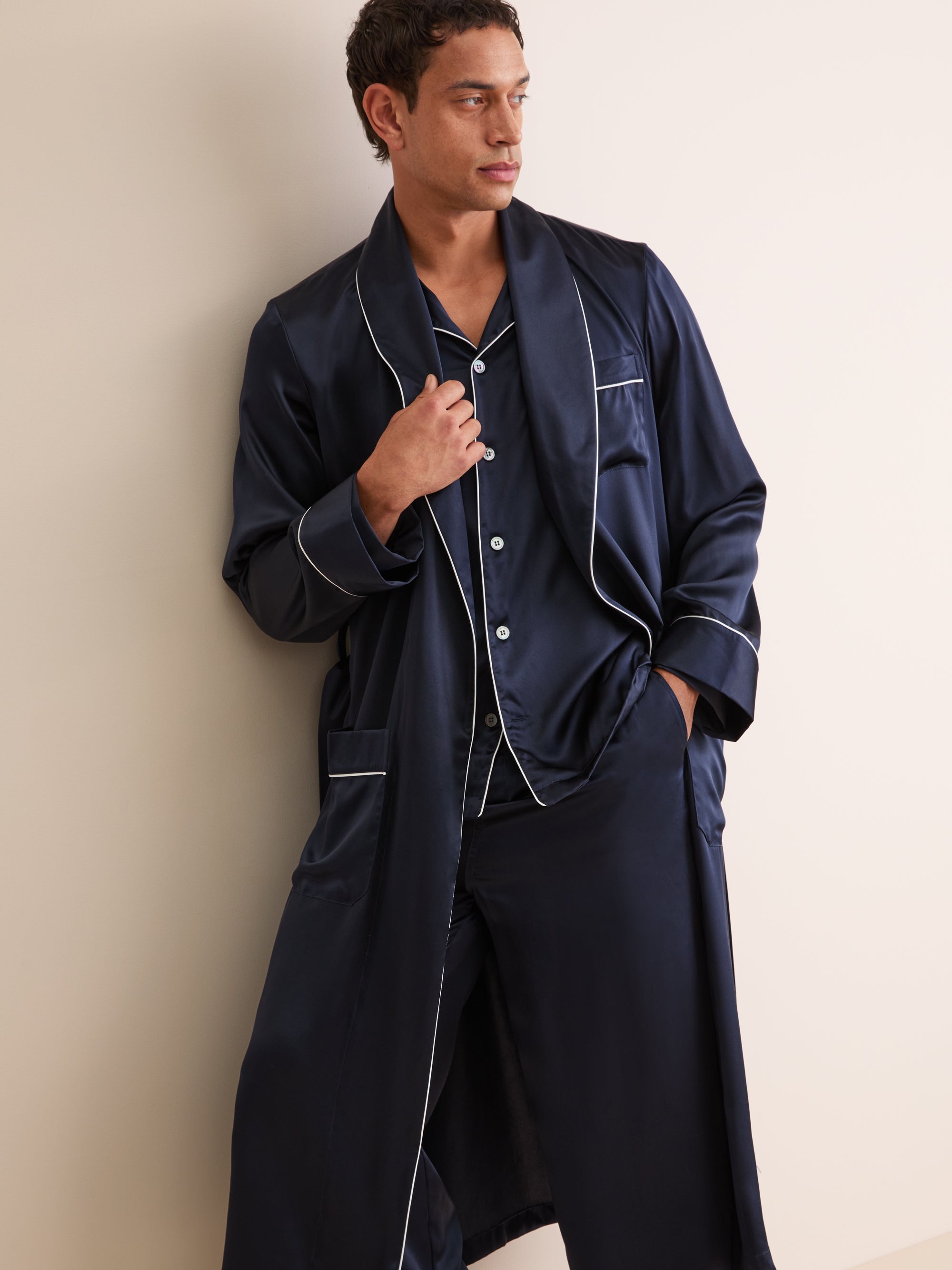 Men's Dressing Gown Bailey Silk Satin Navy