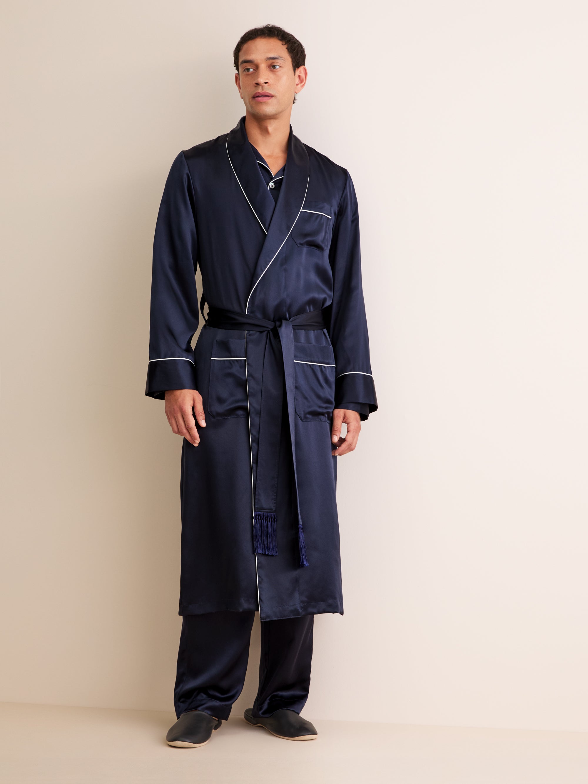 Men's Dressing Gown Bailey Silk Satin Navy