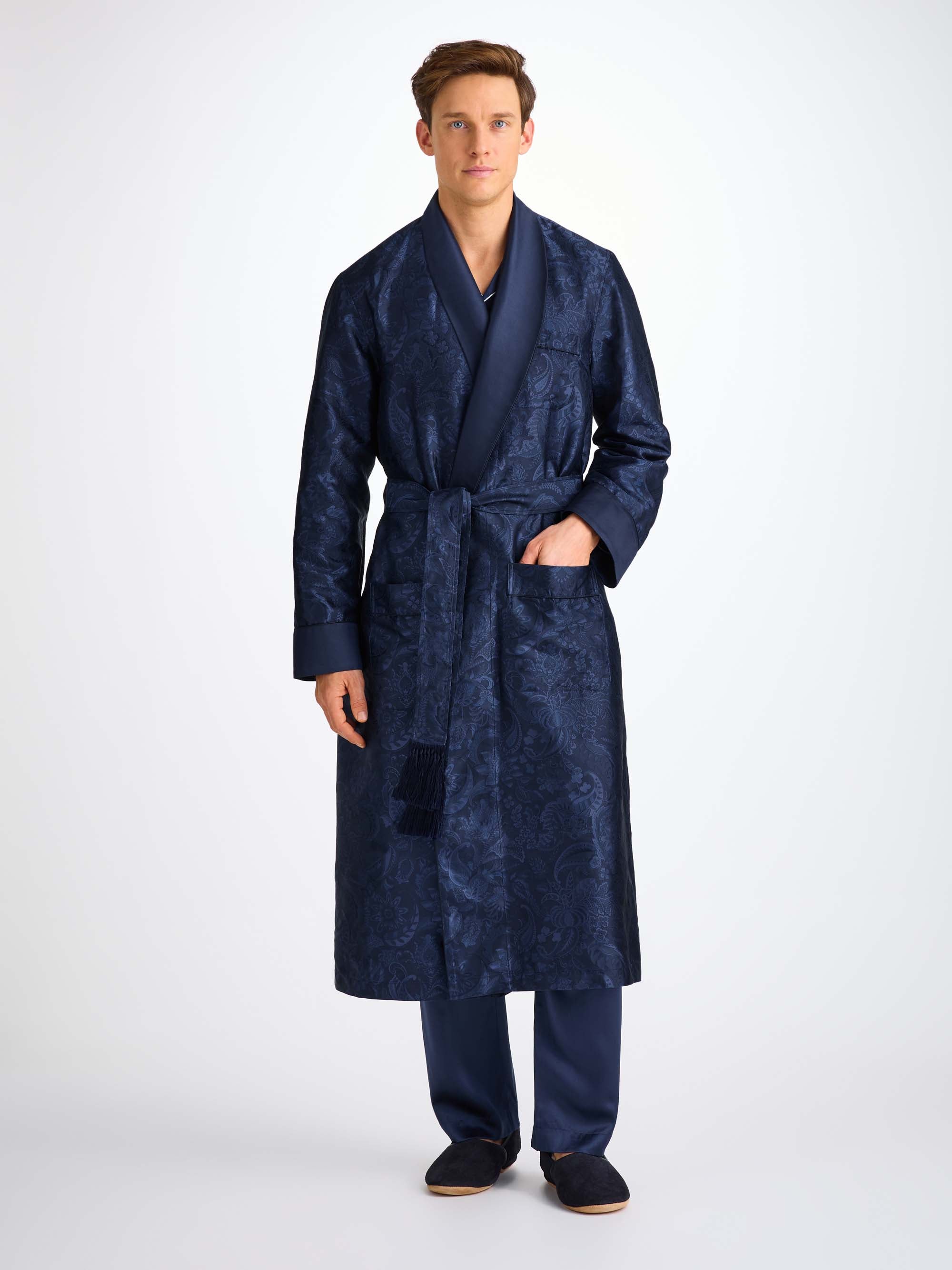 Men's Dressing Gown Silk Jacquard Navy Jungle Paisley Pattern
