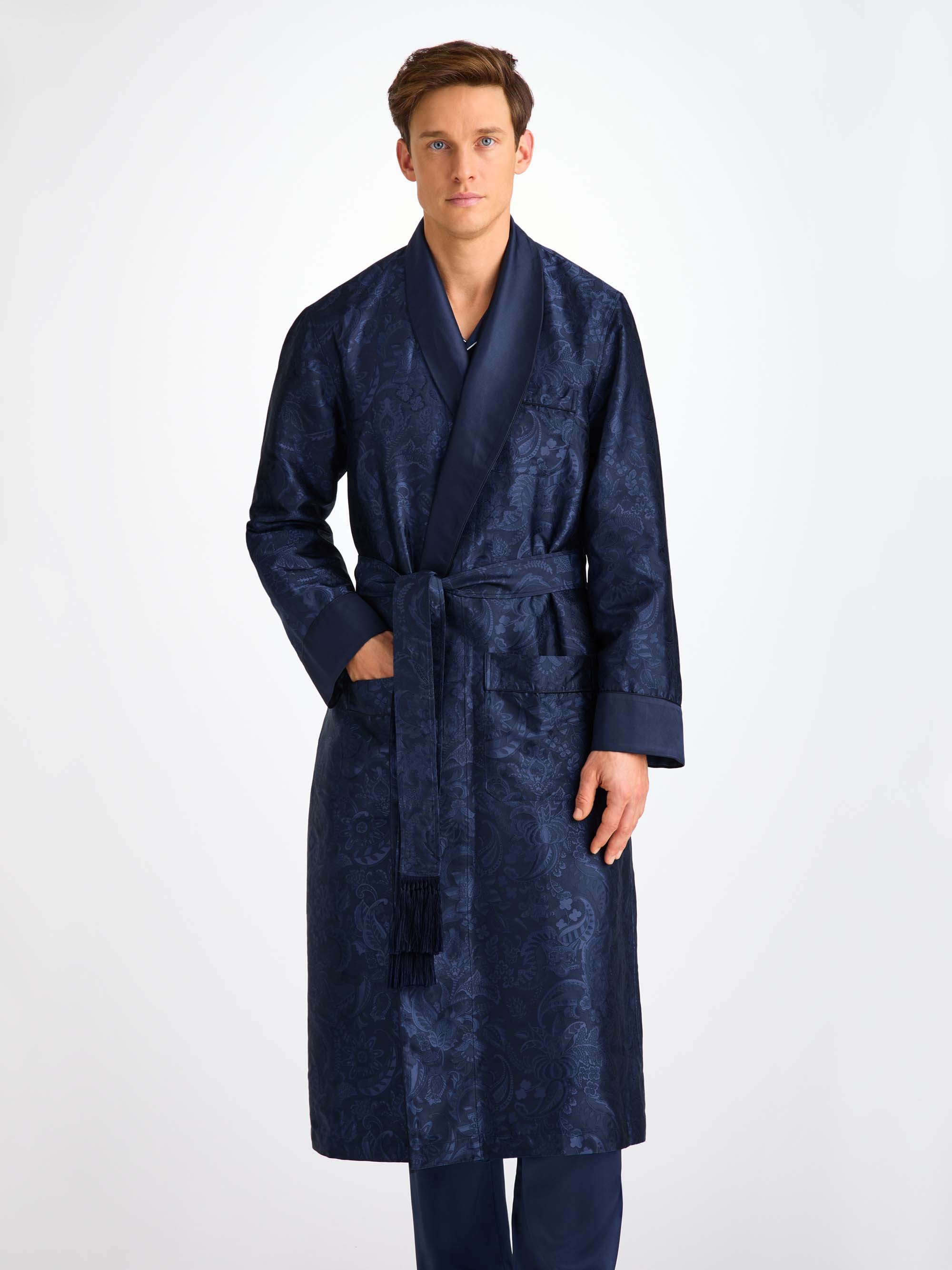 Men's Dressing Gown Silk Jacquard Navy Jungle Paisley Pattern