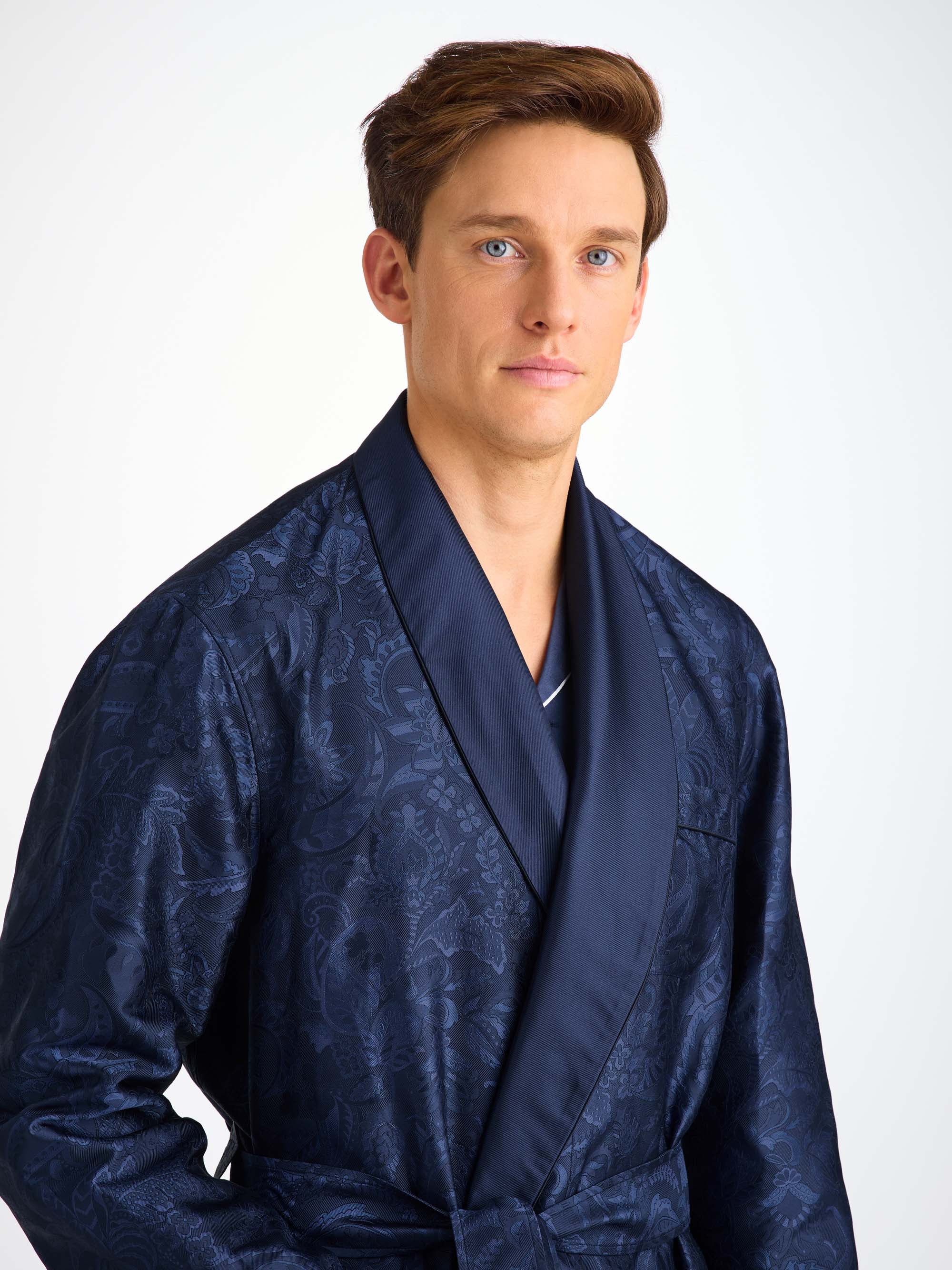 Men's Dressing Gown Silk Jacquard Navy Jungle Paisley Pattern