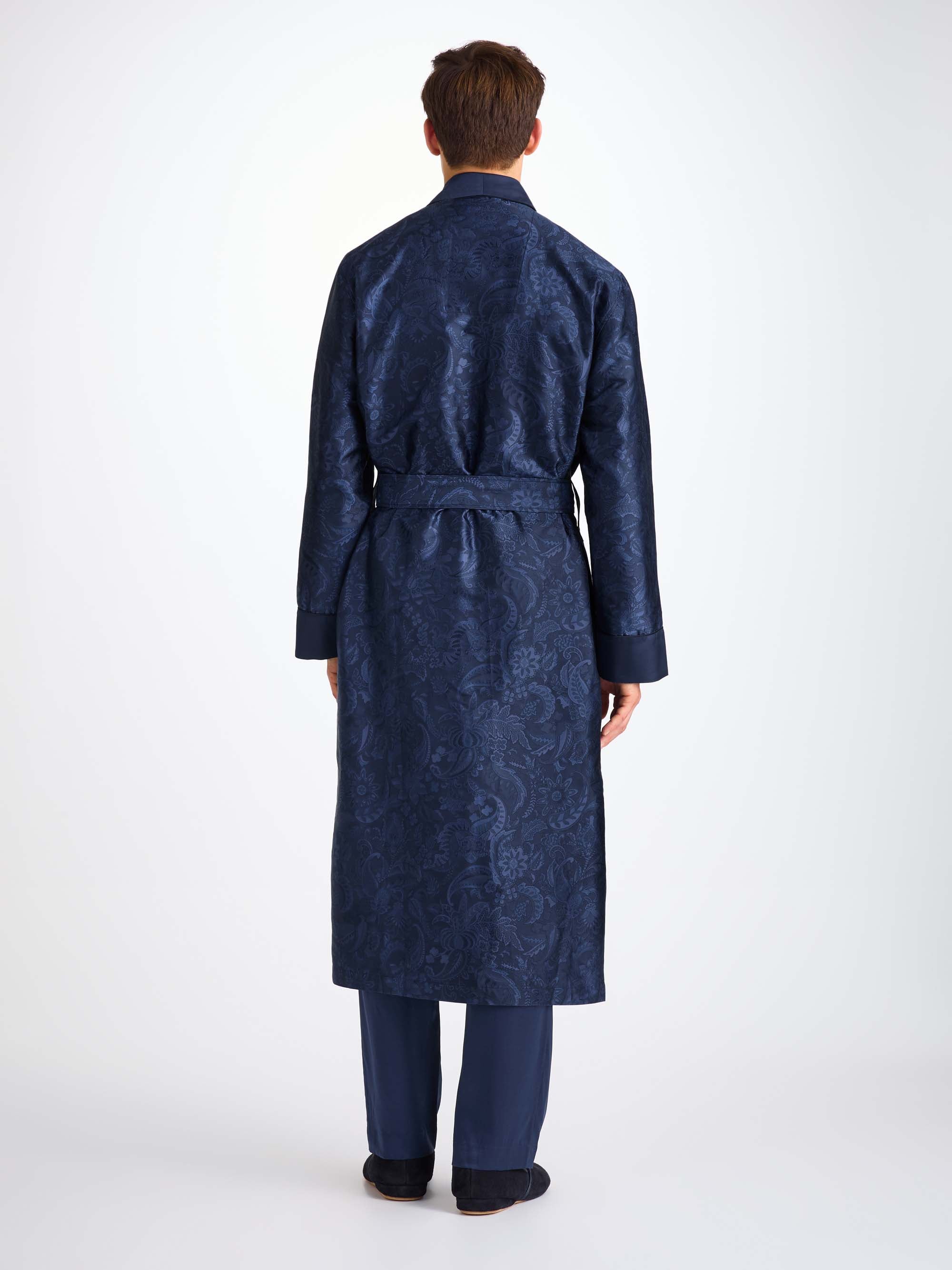 Men's Dressing Gown Silk Jacquard Navy Jungle Paisley Pattern