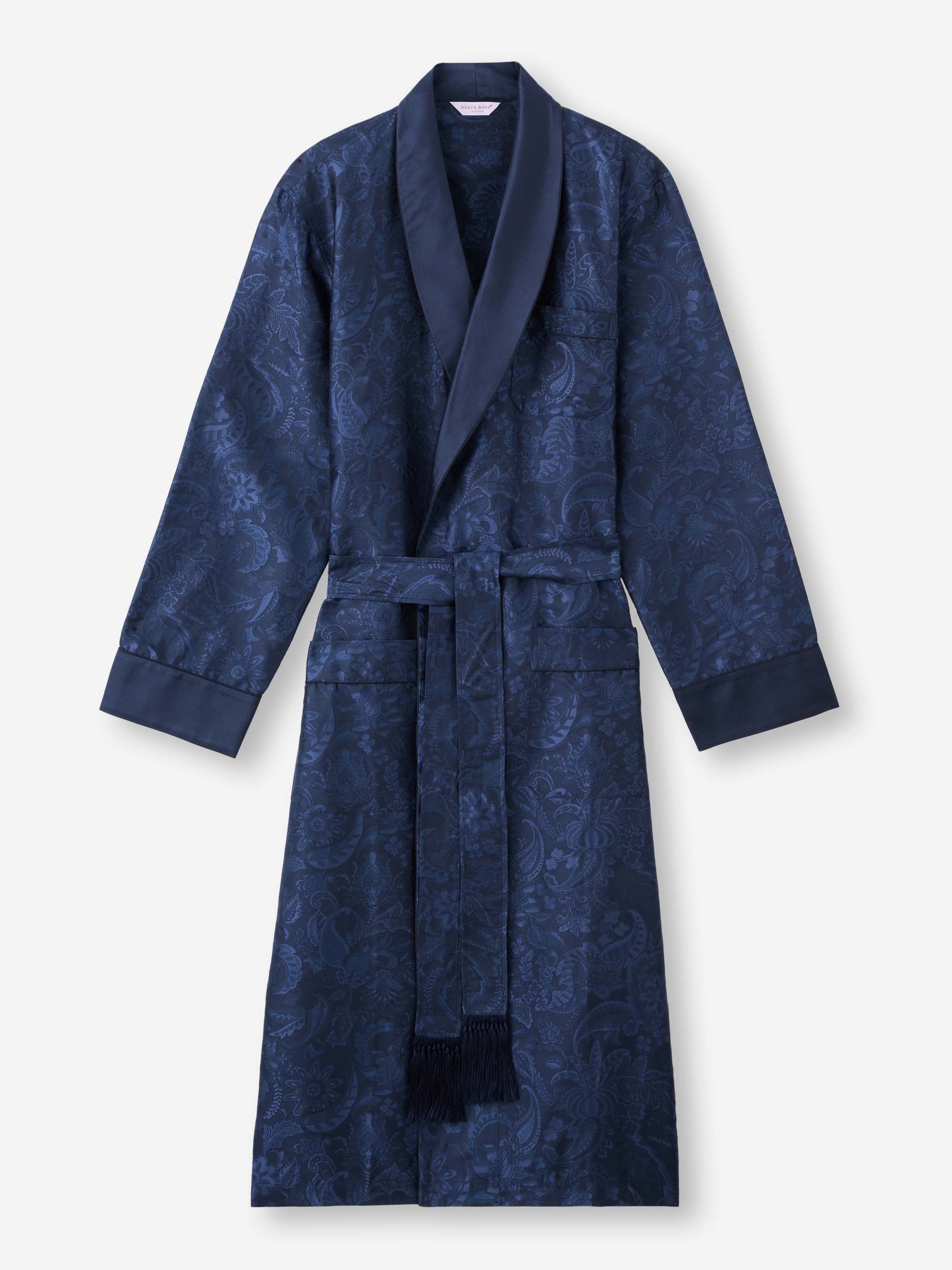 Men's Dressing Gown Silk Jacquard Navy Jungle Paisley Pattern