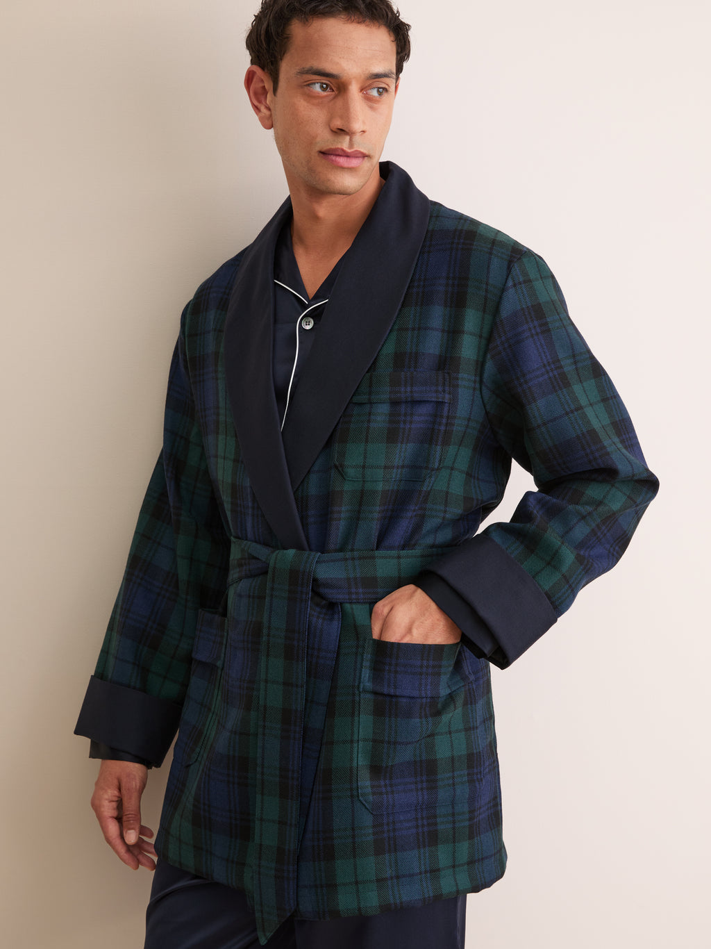 Tartan Merino Wool Smoking Jacket Navy Blue Black Watch