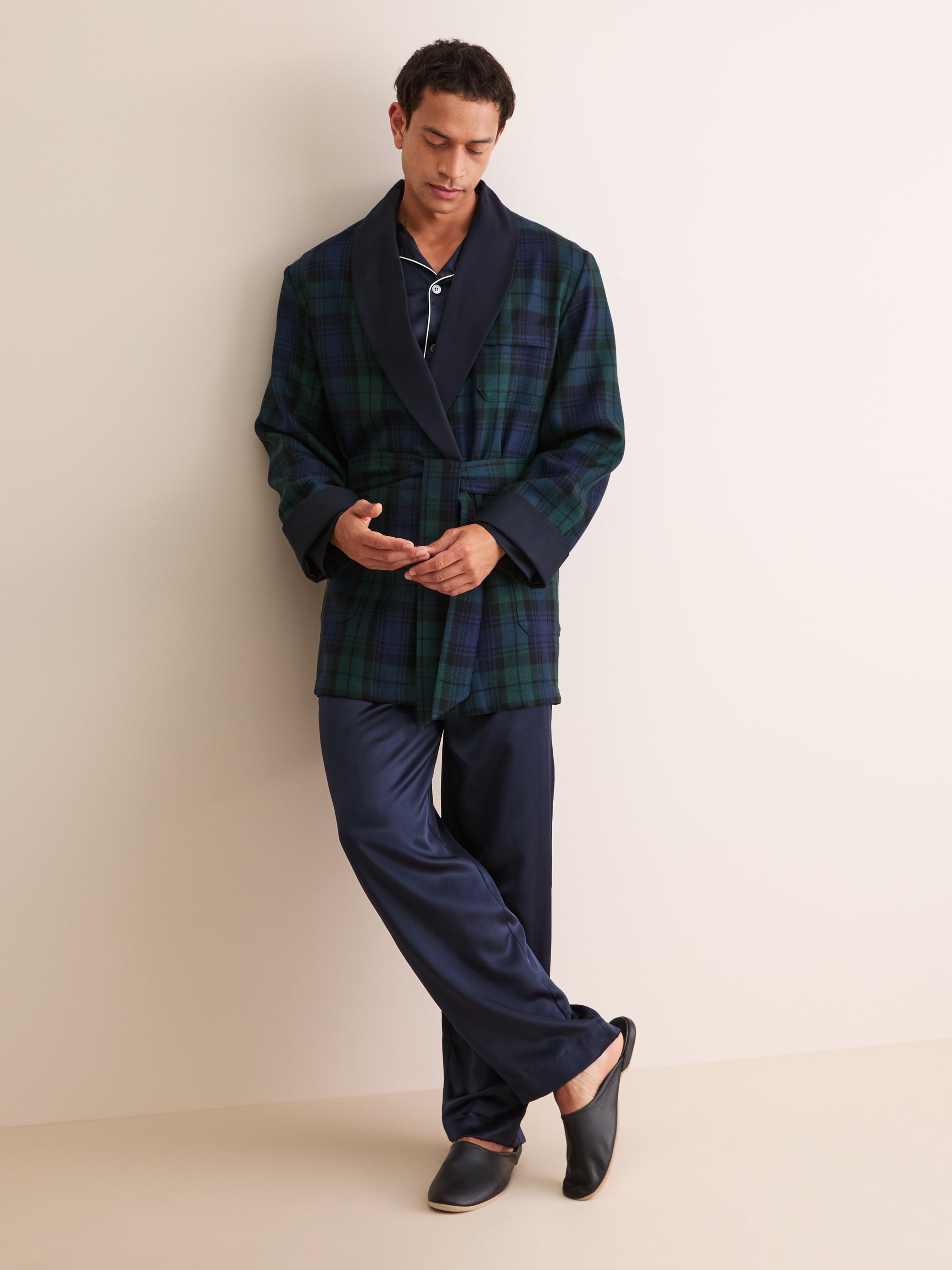 Men's Smoking Jacket Tartan Wool Black Watch Navy