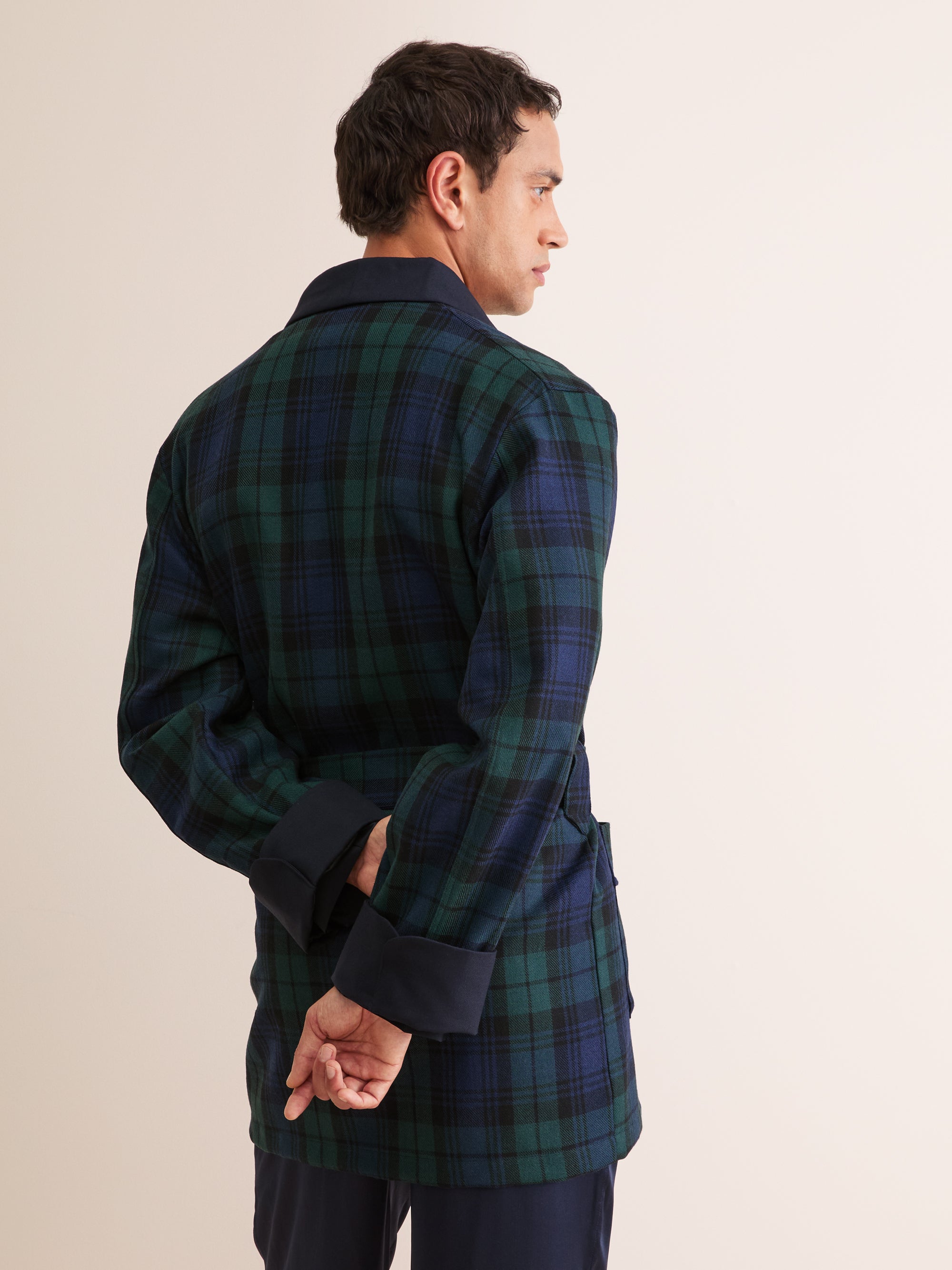 Men's Smoking Jacket Tartan Wool Black Watch Navy