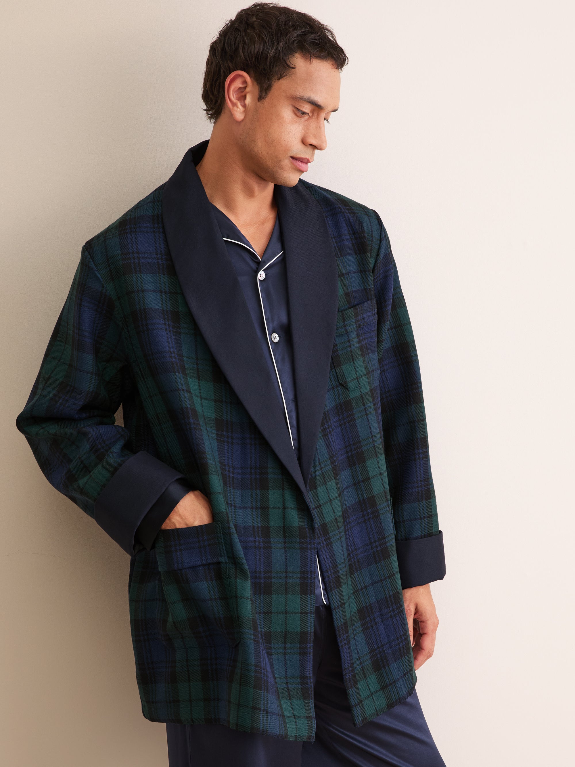 Men's Smoking Jacket Tartan Wool Black Watch Navy