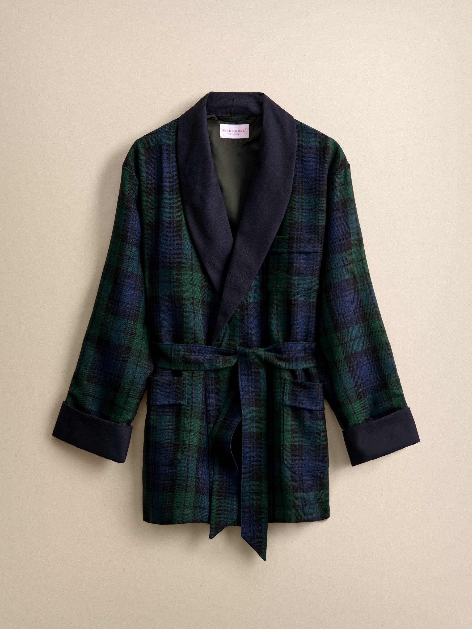 Men's Tartan Merino Wool Smoking Jacket Black Watch Navy | Derek Rose