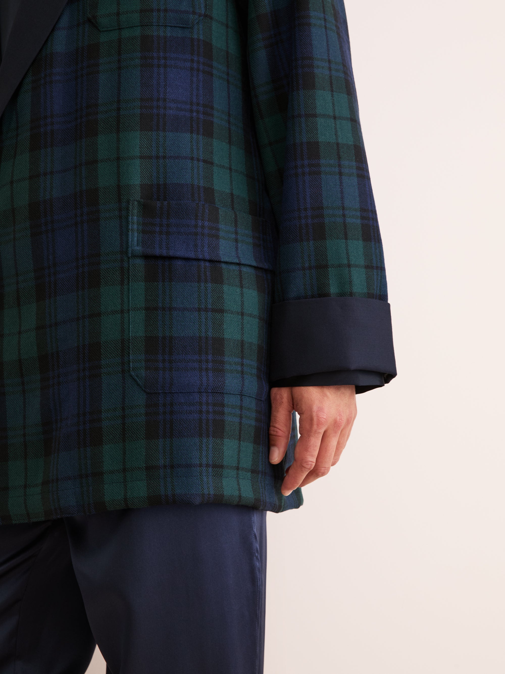 Men's Smoking Jacket Tartan Wool Black Watch Navy | Derek Rose