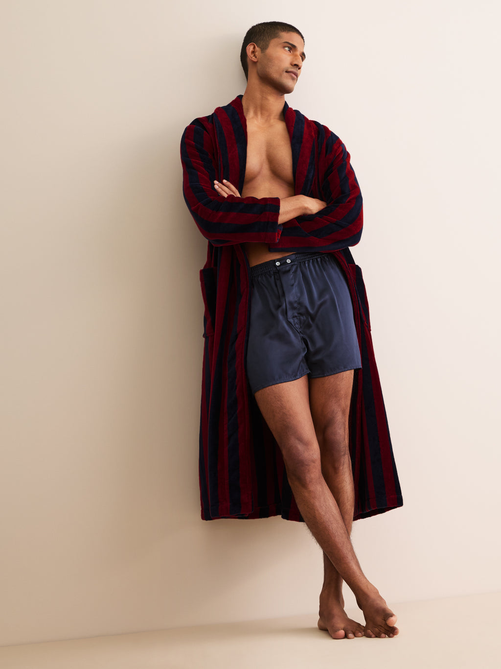Aston Cotton Velour Bathrobe Red & Stripe