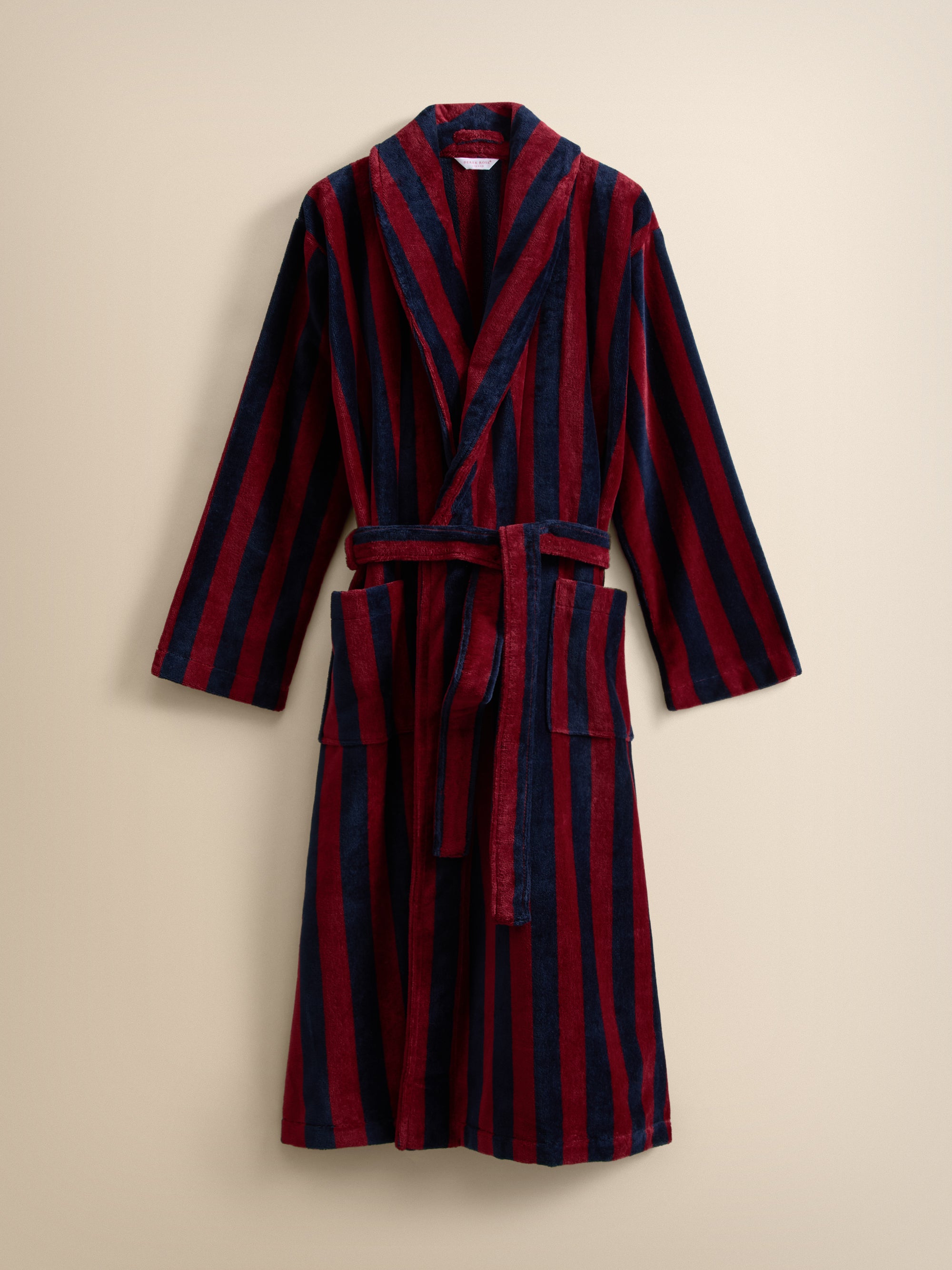 Aston Cotton Velour Bathrobe Red & Navy Stripe