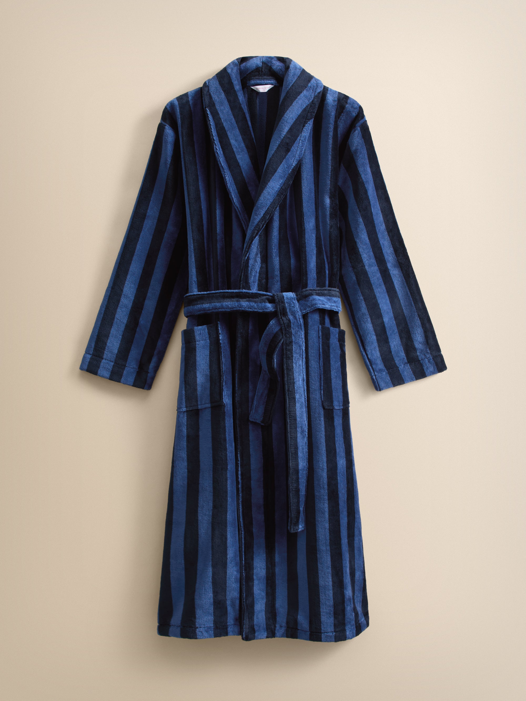 Aston Cotton Velour Bathrobe Blue & Navy Stripe