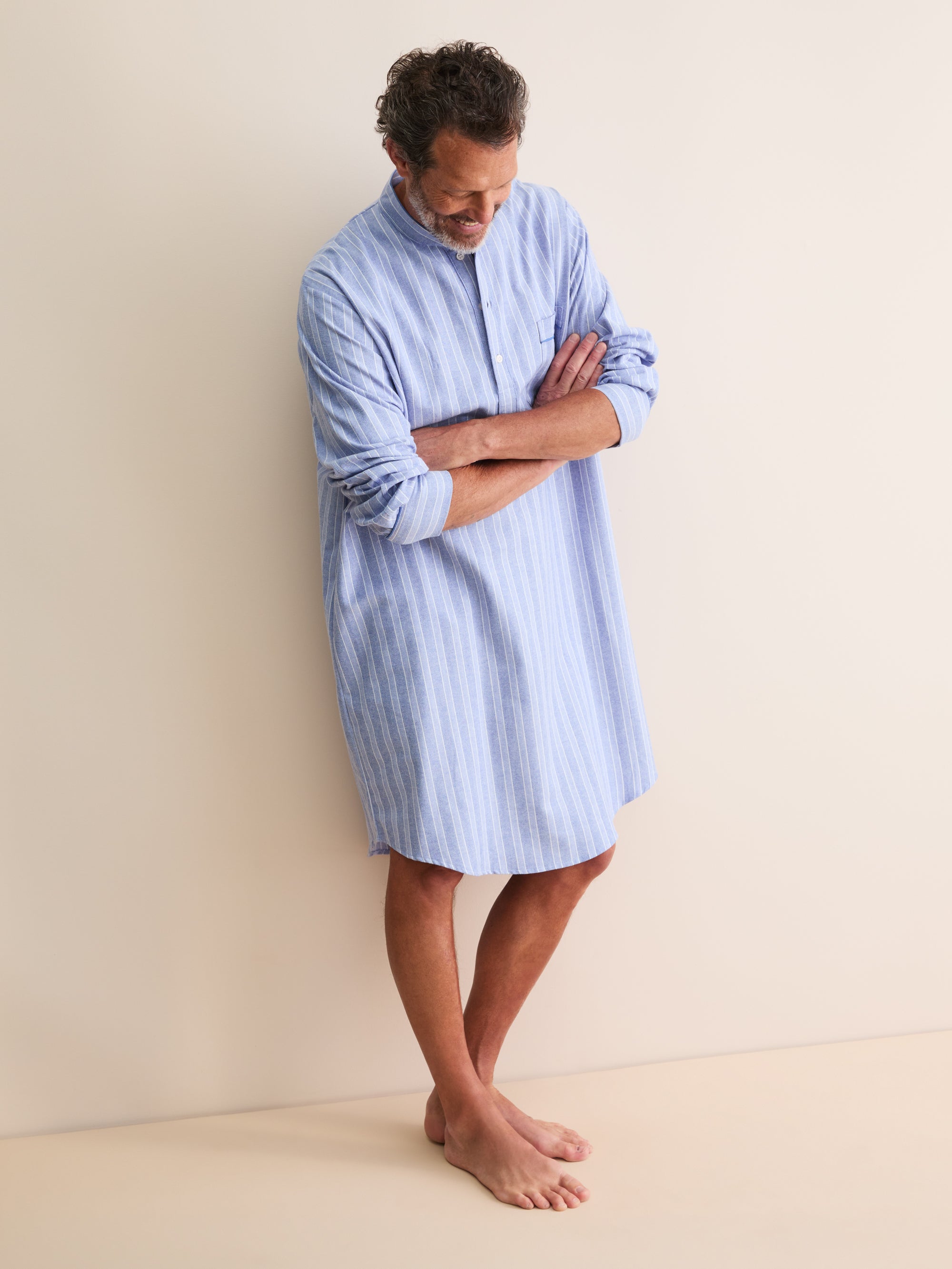 Men's Nightshirt Arran Brushed Cotton Blue Herringbone Stripe