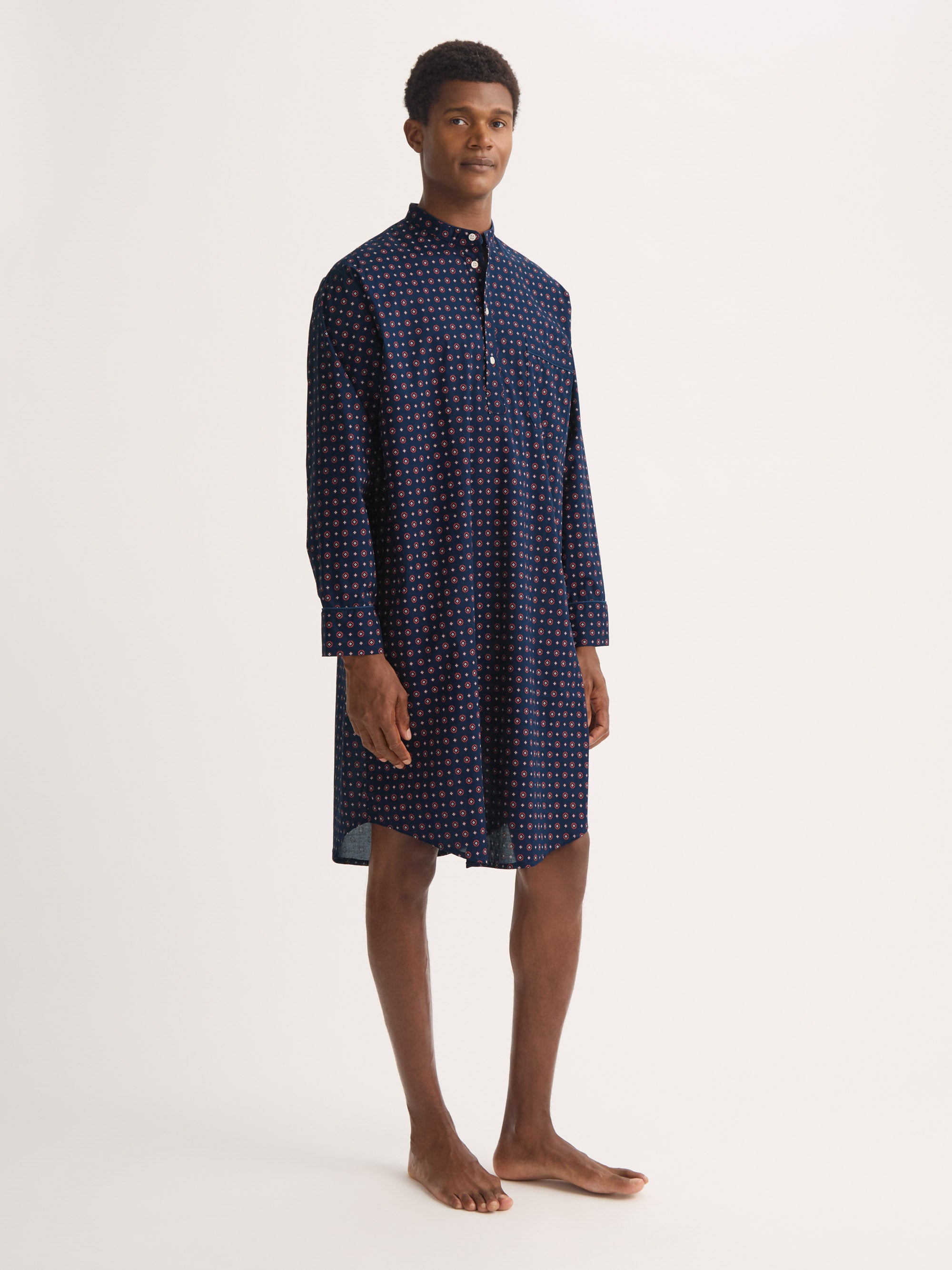 Men's Nightshirt Cotton Batiste Navy Blue Rose Motif