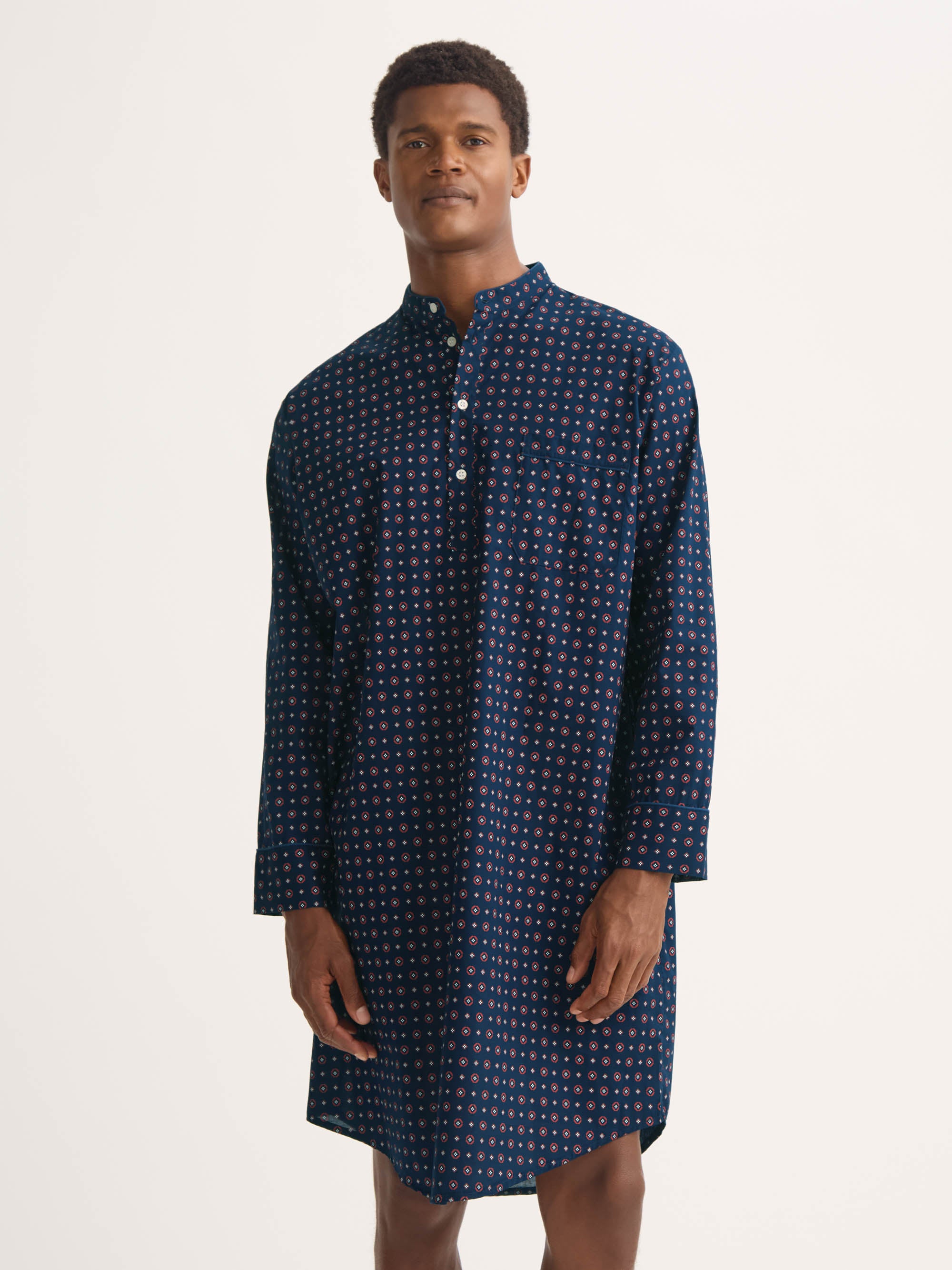 Men's Nightshirt Cotton Batiste Navy Blue Rose Motif
