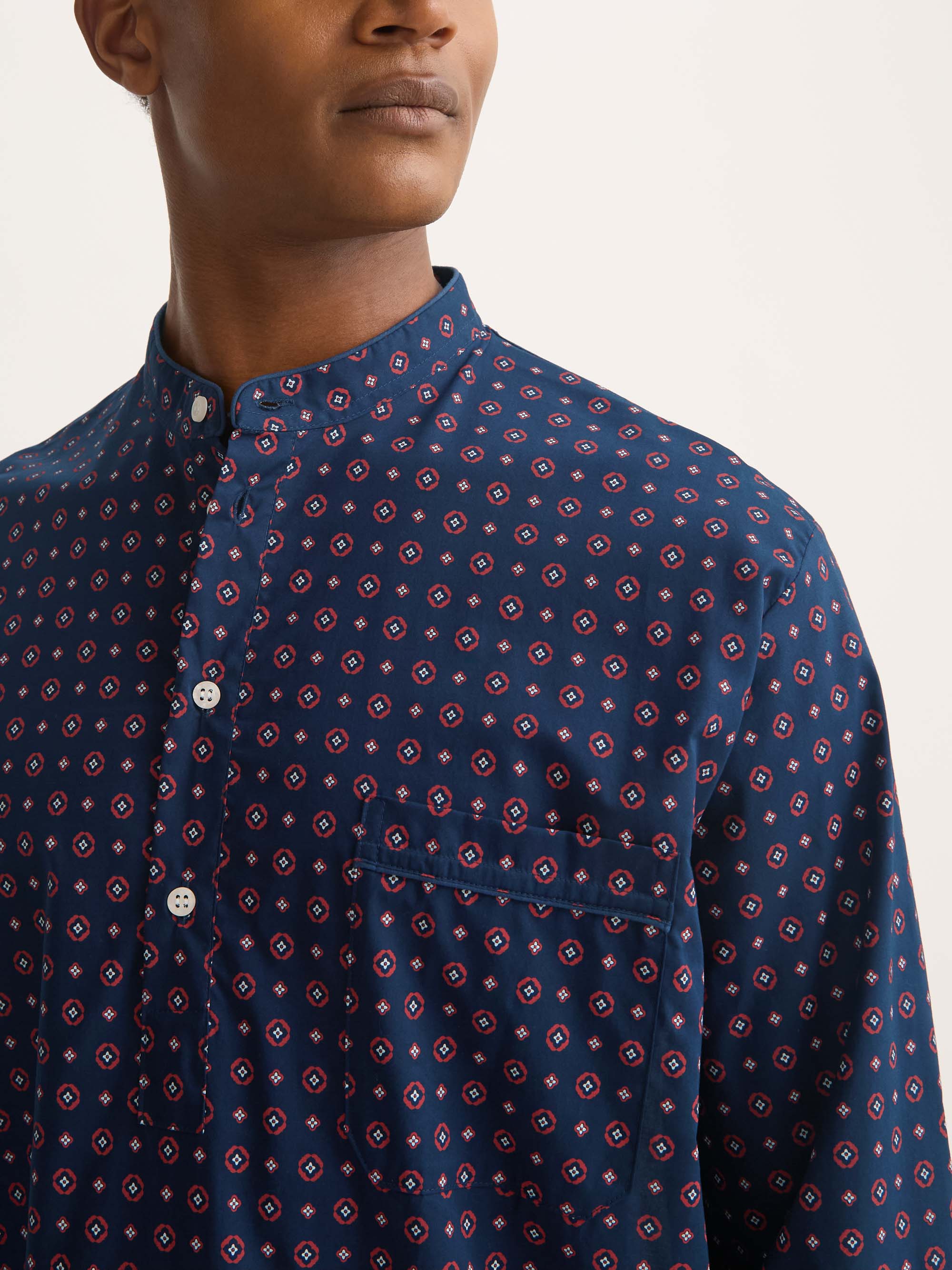 Men's Nightshirt Cotton Batiste Navy Blue Rose Motif