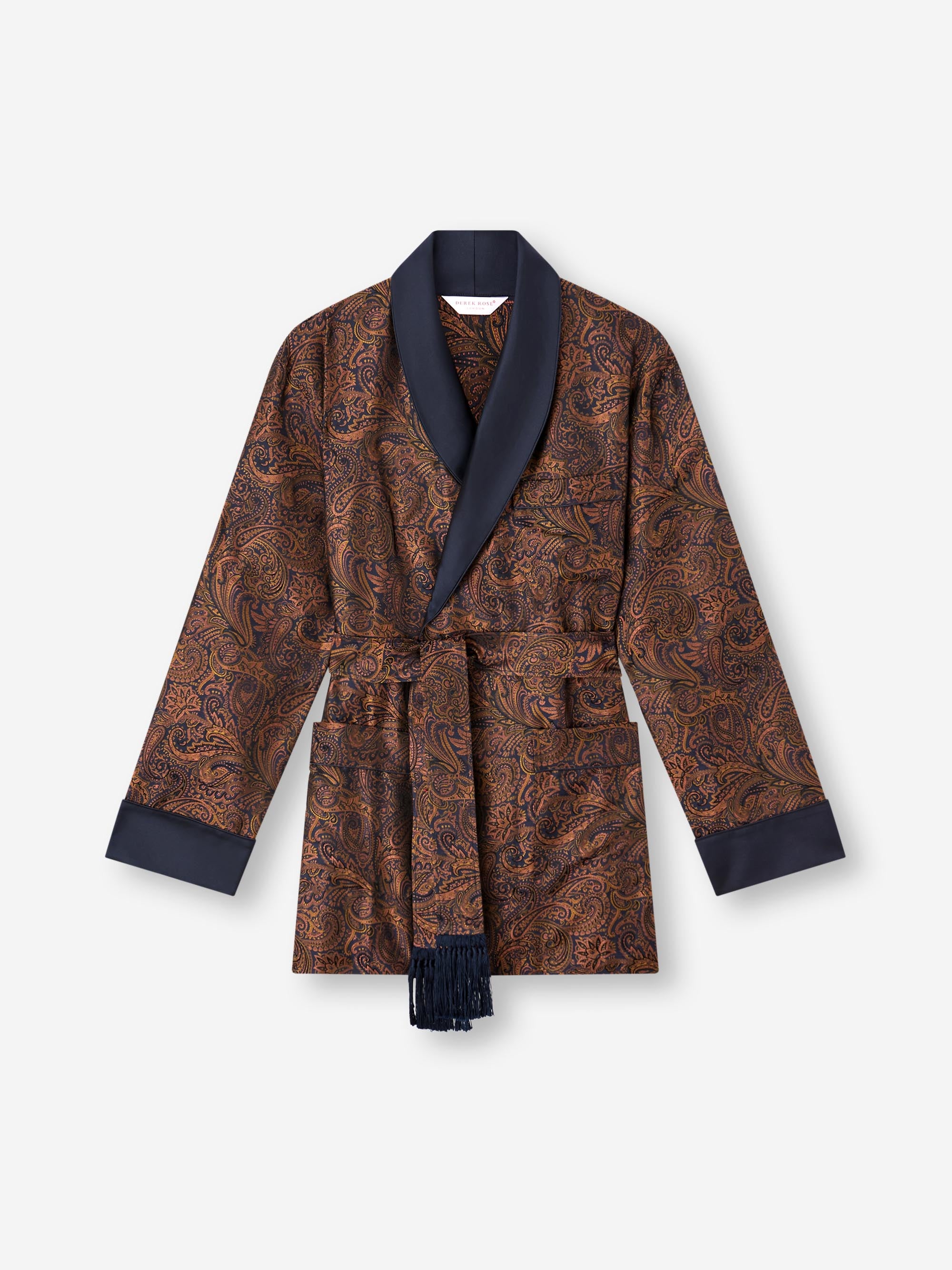 Men's Smoking Jacket Silk Jacquard Navy Blue & Antique Gold Paisley Weave