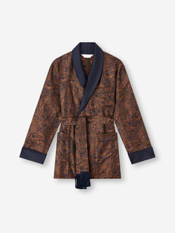Men's Smoking Jacket Silk Jacquard Navy Blue & Antique Gold Paisley Weave