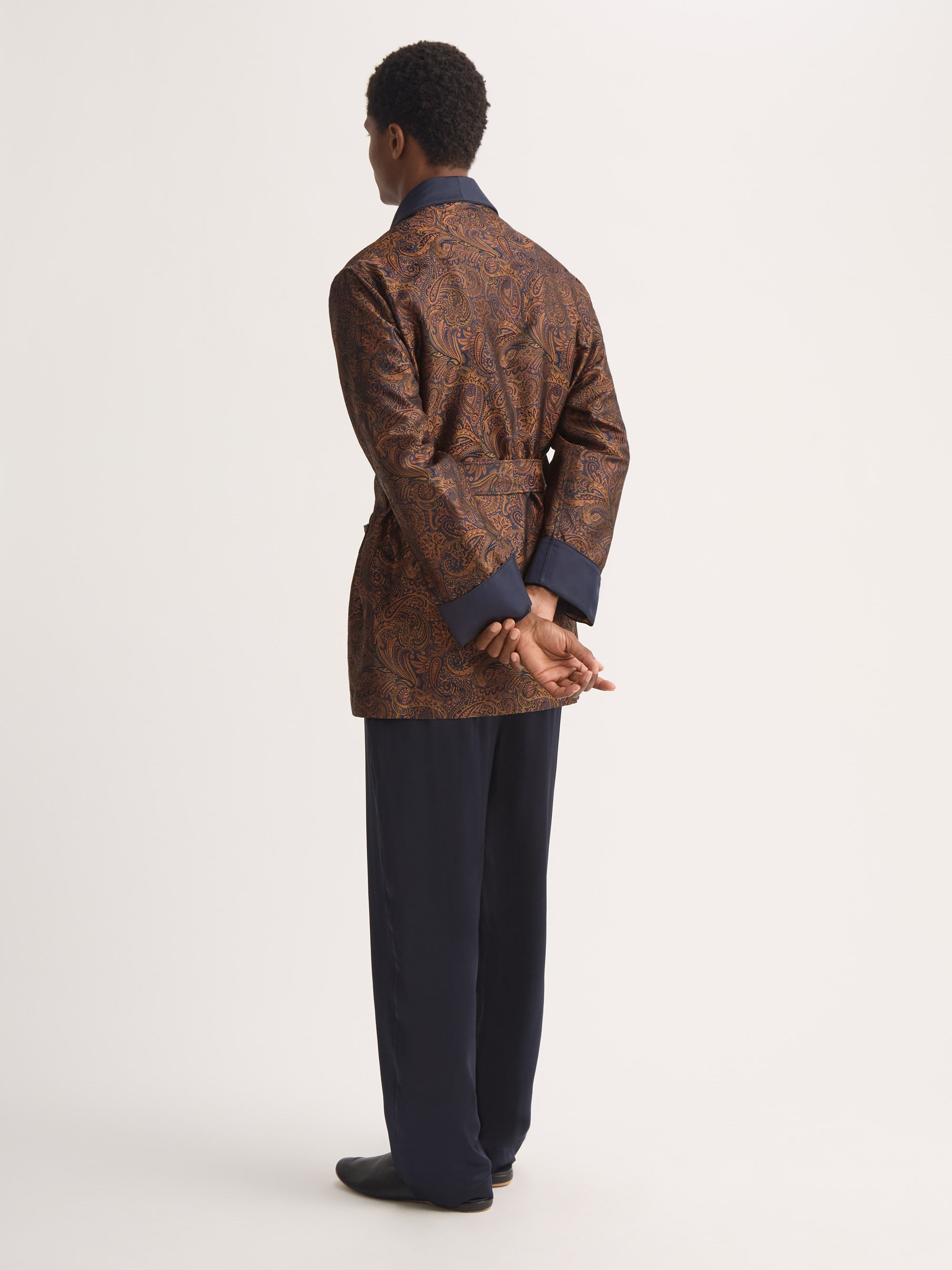 Men's Smoking Jacket Silk Jacquard Navy Blue & Antique Gold Paisley Weave