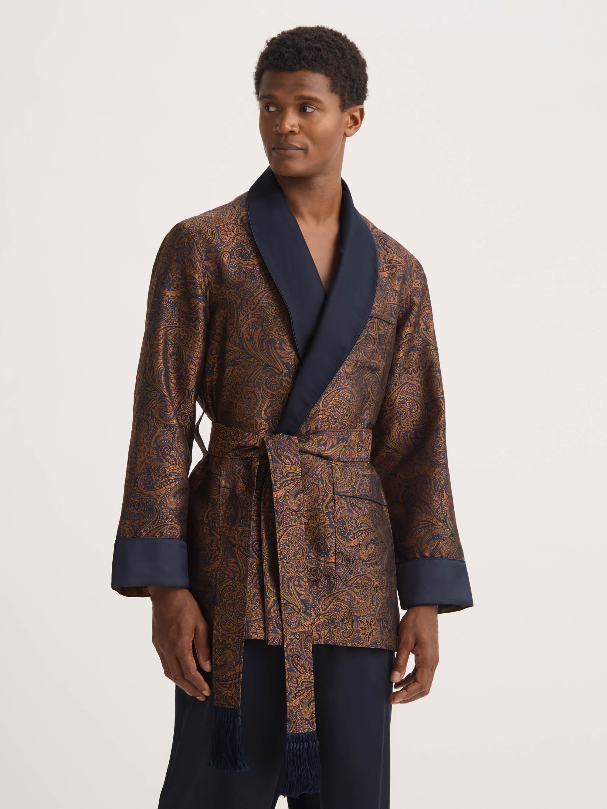 Men's Smoking Jacket Silk Jacquard Navy Blue & Antique Gold Paisley Weave