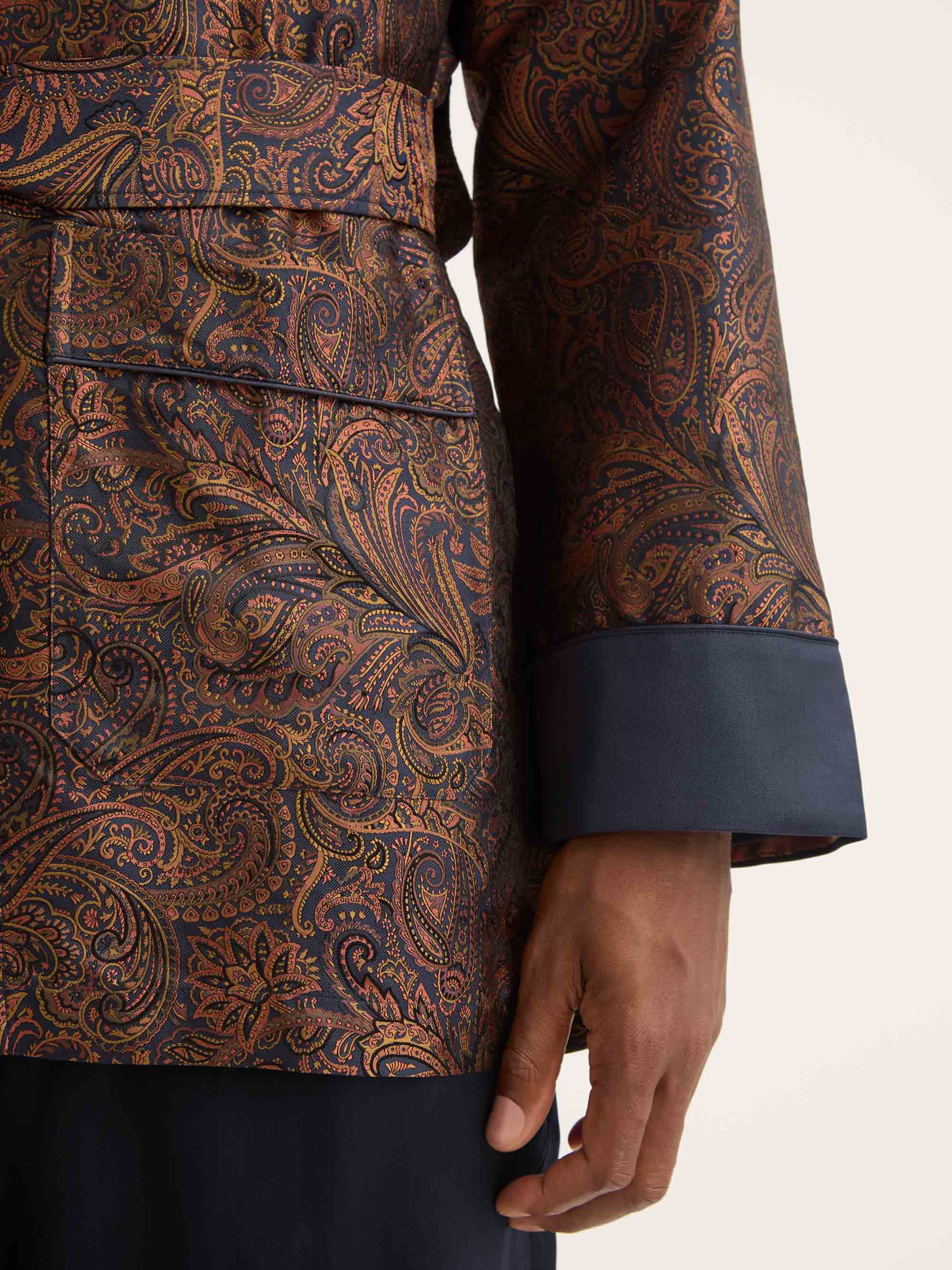 Men's Smoking Jacket Silk Jacquard Navy Blue & Antique Gold Paisley Weave