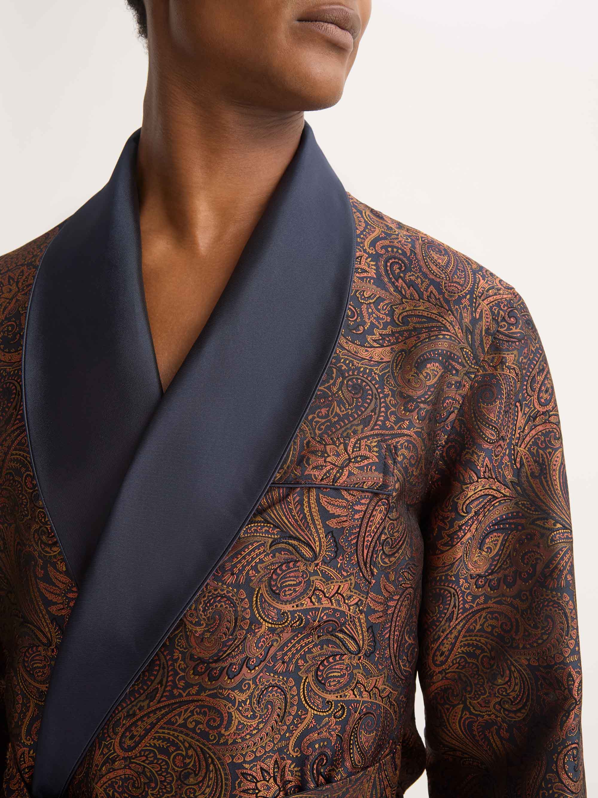 Men's Smoking Jacket Silk Jacquard Navy Blue & Antique Gold Paisley Weave