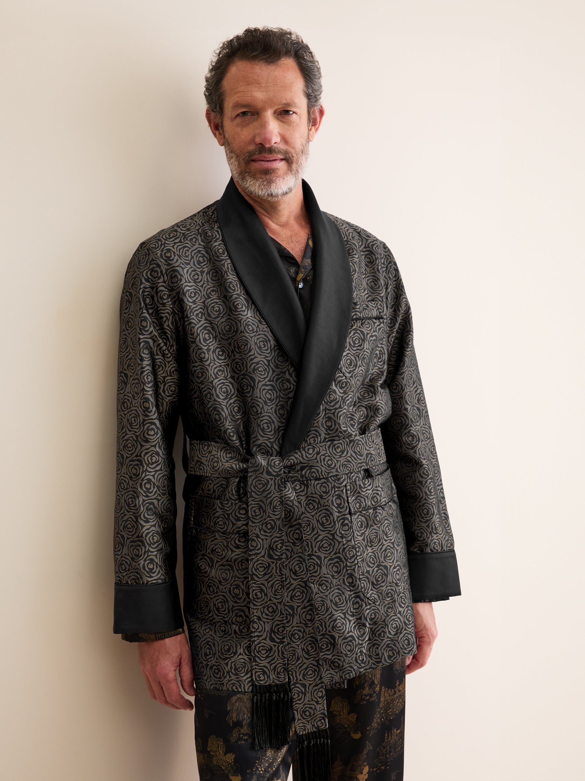 Men's Smoking Jacket Silk Jacquard Black Rose