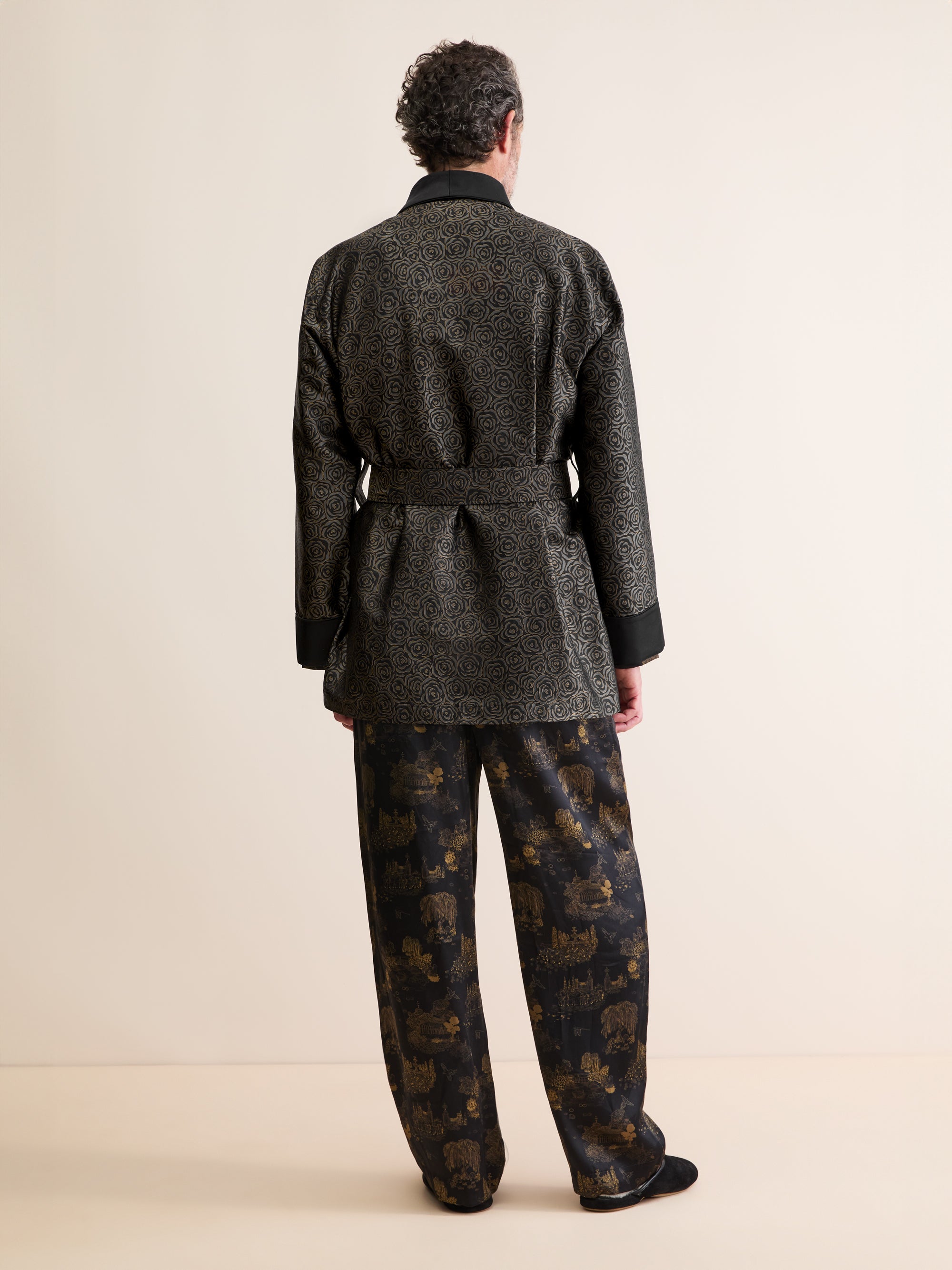 Men's Smoking Jacket Silk Jacquard Black Rose