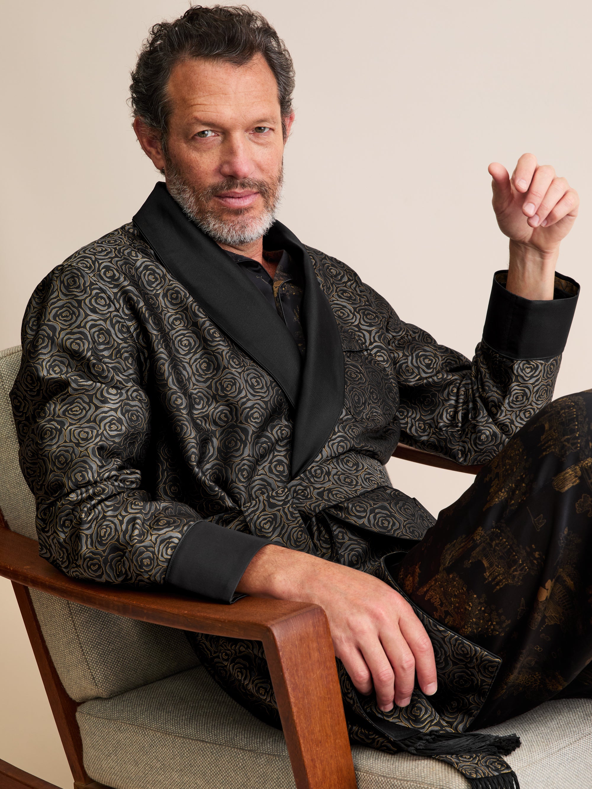 Men's Smoking Jacket Silk Jacquard Black Rose