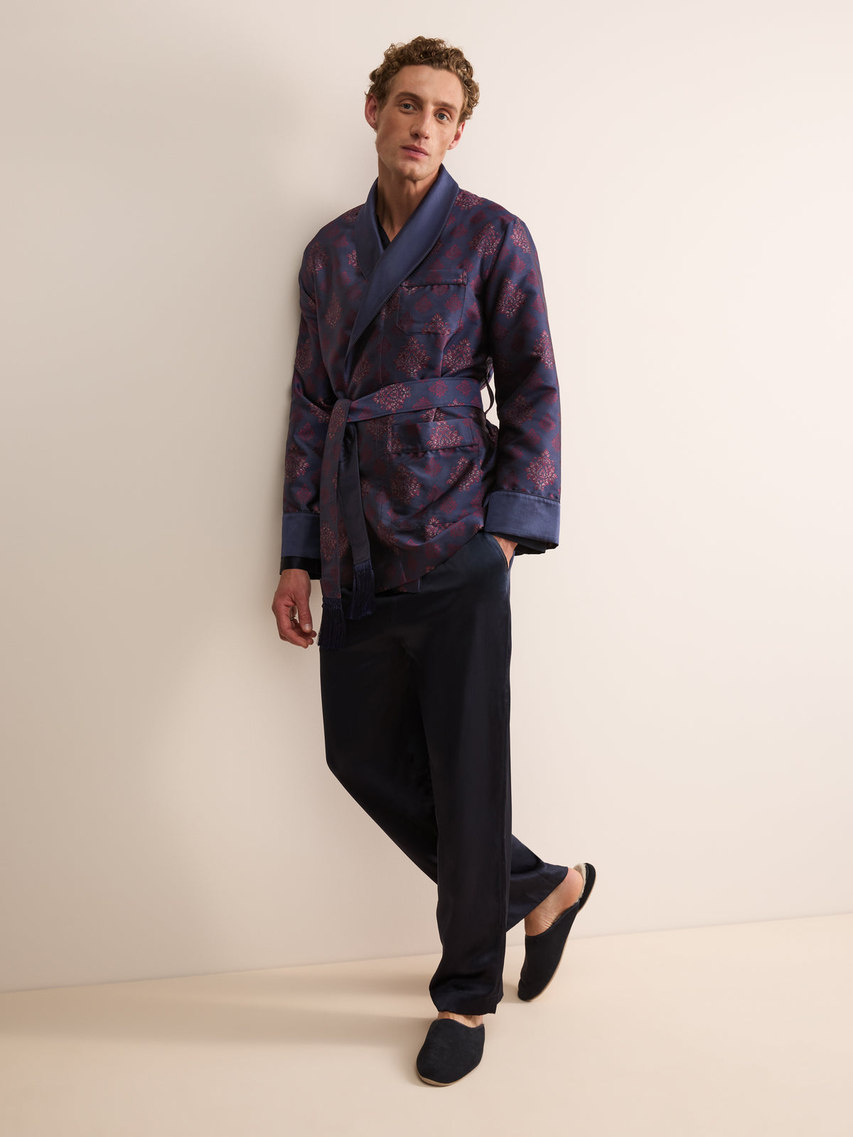 Verona Silk Jacquard Smoking Jacket Navy Blue & Wine Medallion
