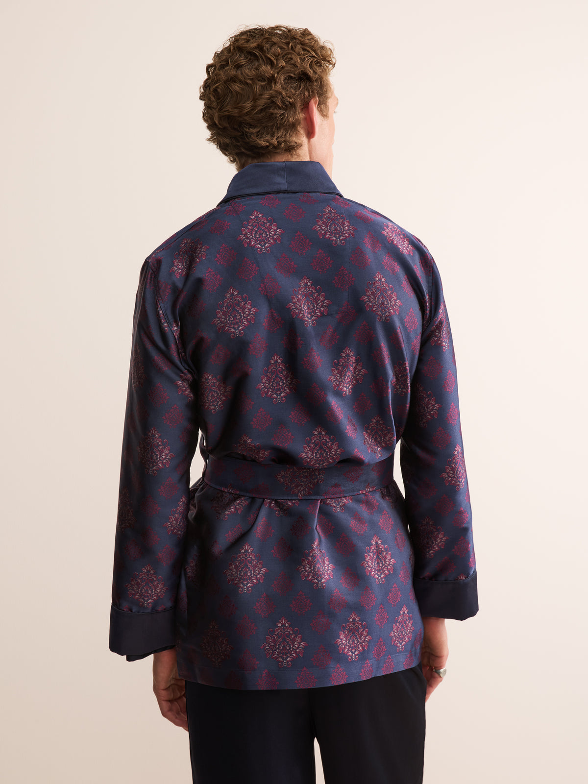 Verona Silk Jacquard Smoking Jacket Navy Blue & Wine Medallion