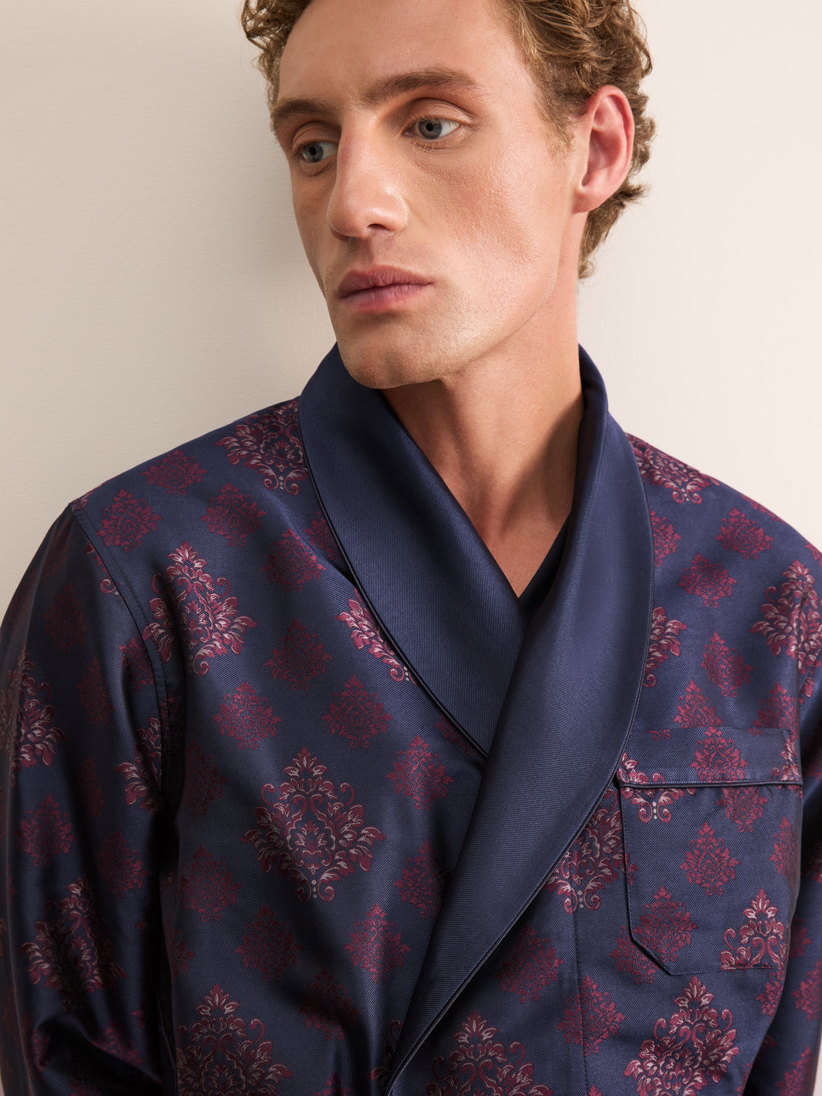 Verona Silk Jacquard Smoking Jacket Navy Blue & Wine Medallion