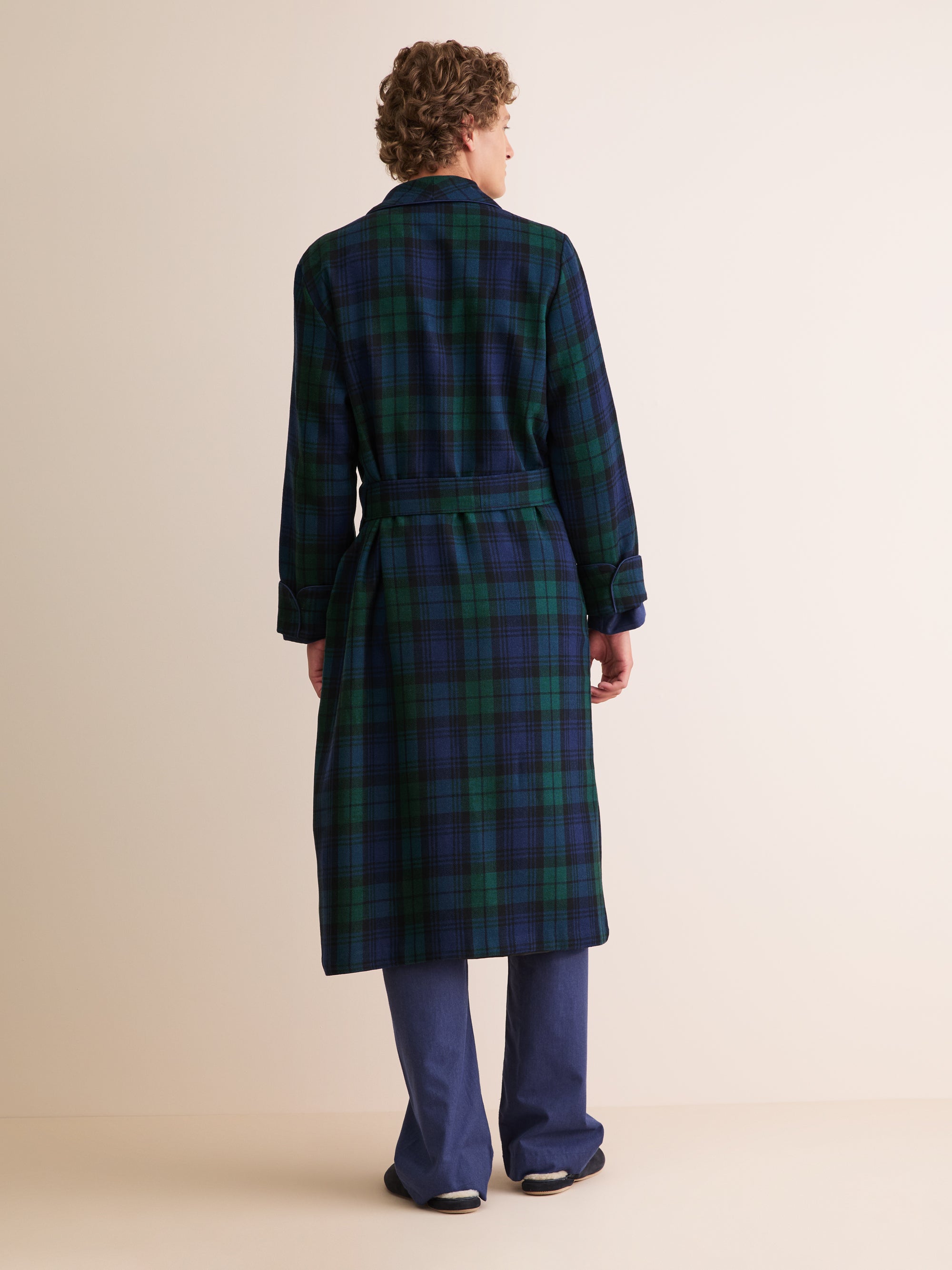 Men's Dressing Gown Tartan Black Watch Wool Navy
