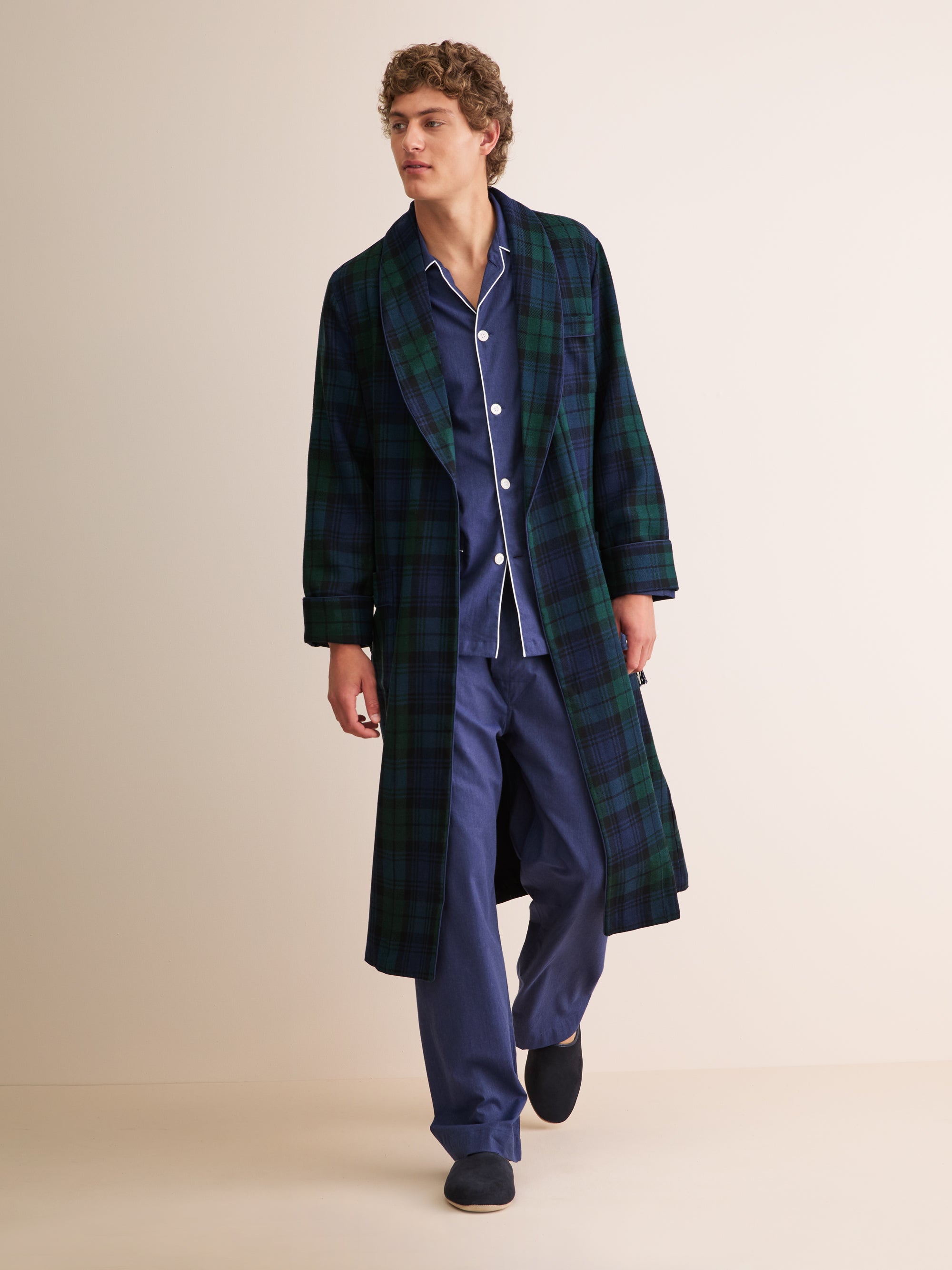 Men's Dressing Gown Tartan Black Watch Wool Navy