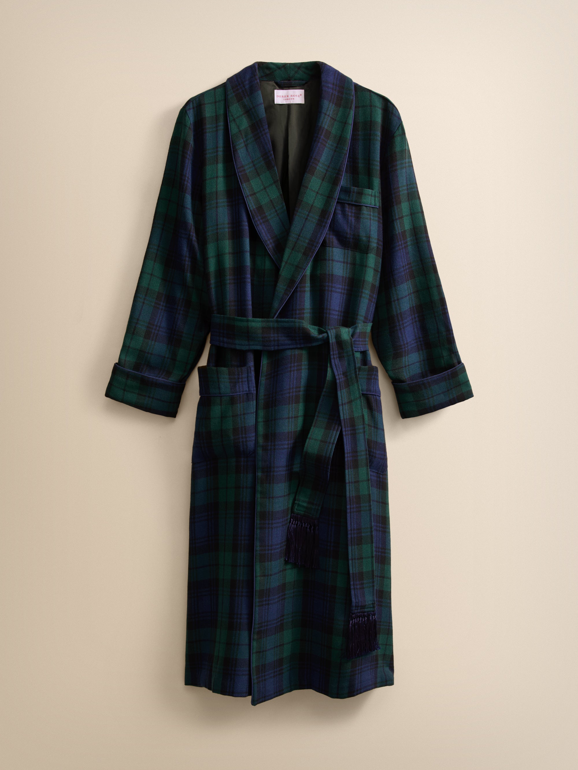 Tartan Merino Wool Dressing Gown Navy Blue Black Watch