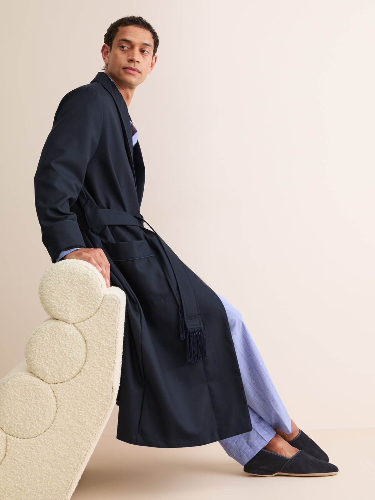 classic dressing gown Derek Rose Westminster Merino Wool Navy Blue victorian dressing gown