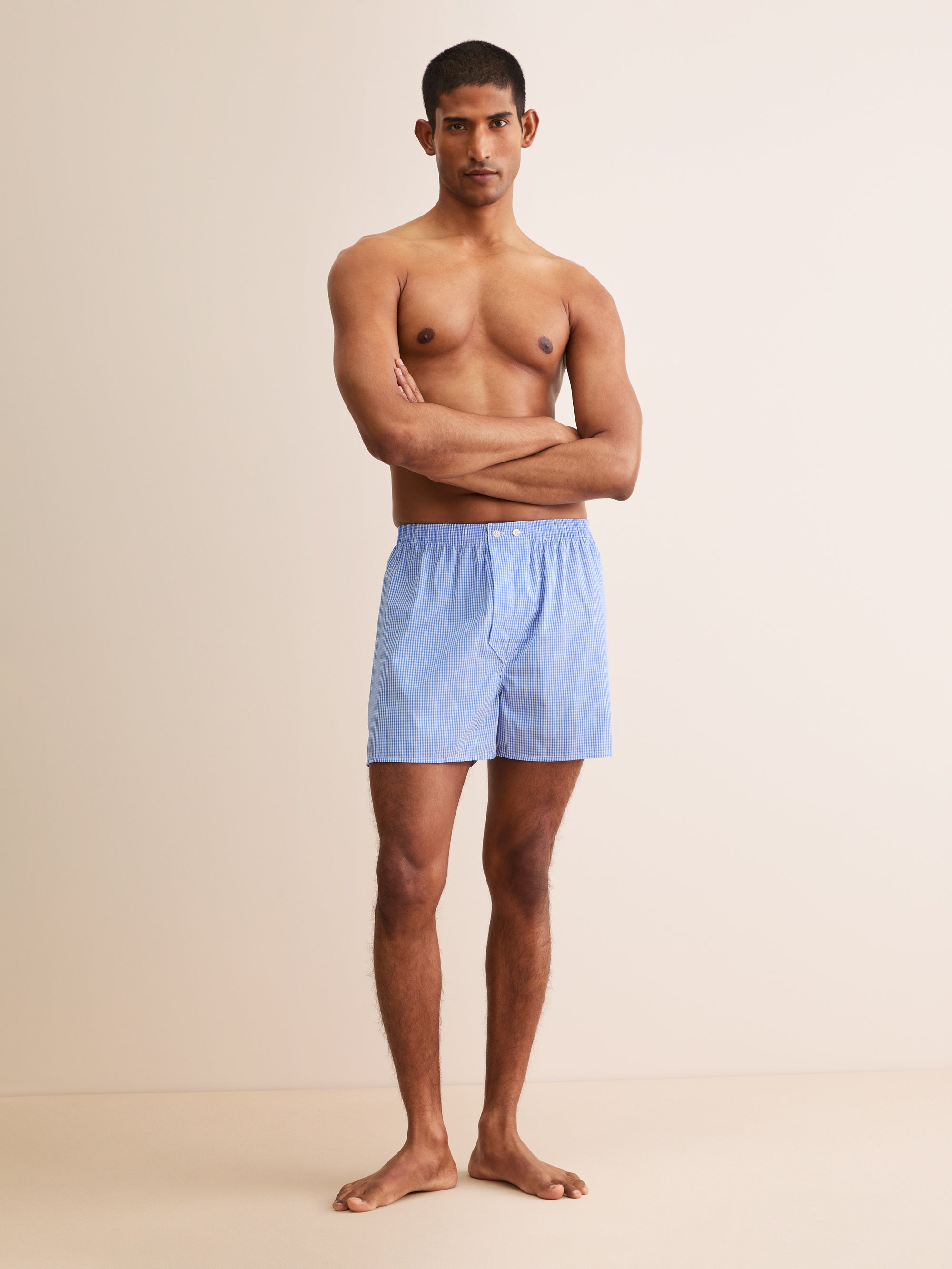 Men's Classic Fit Boxers Gingham Cotton Blue 