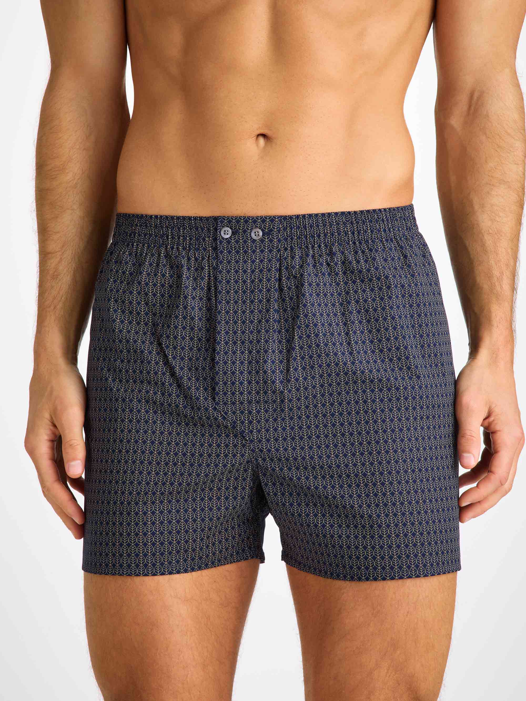 Men's Classic Fit Boxers Cotton Batiste Navy Jungle Leaf Print