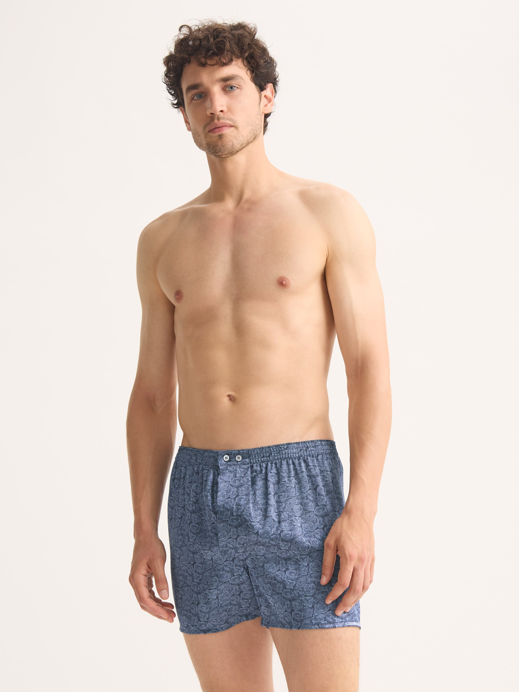 Men's Classic Fit Boxers Silk Navy Blue Rose Print