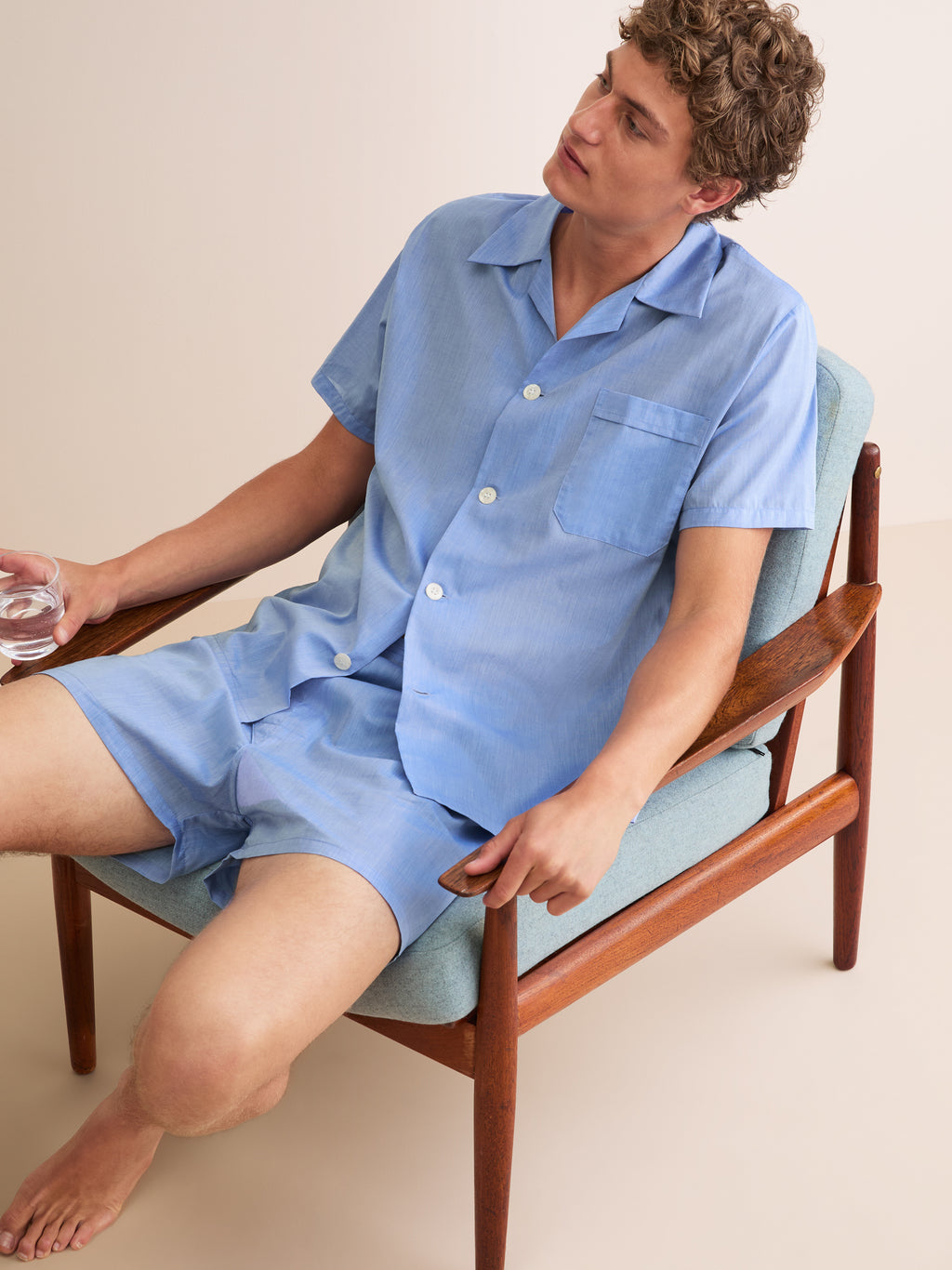 Men's Amalfi Cotton Batiste Short Pyjamas Mid Blue | Derek Rose