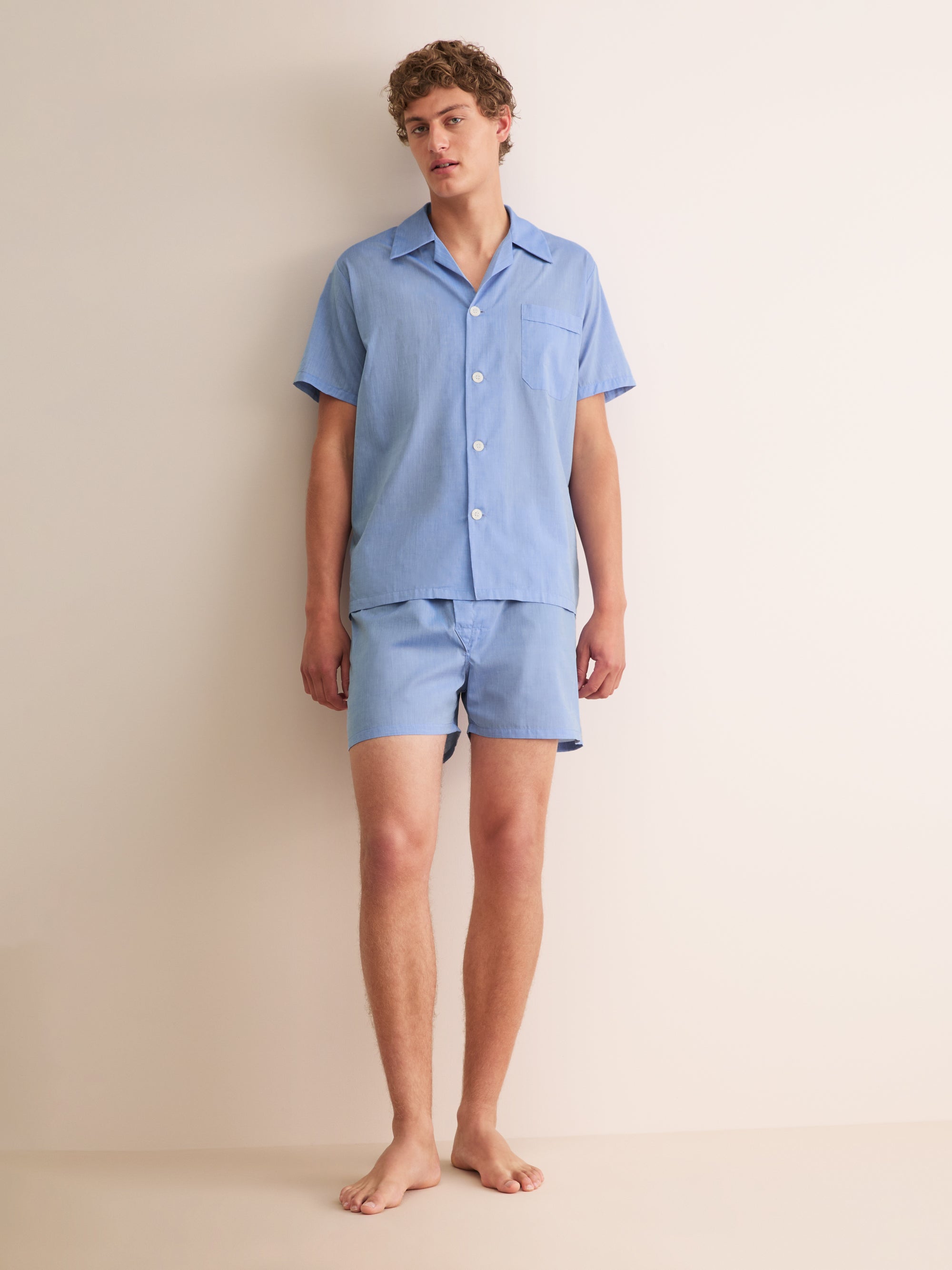 Men's Amalfi Cotton Batiste Short Pyjamas Mid Blue | Derek Rose